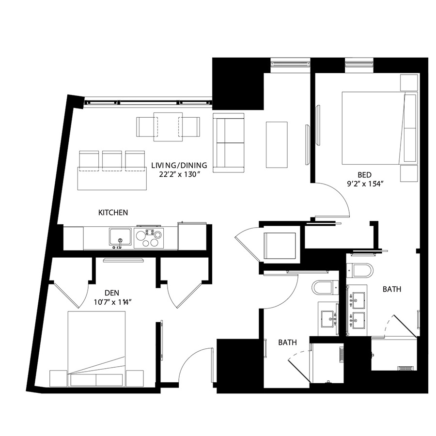 The Metlo Seaport 1 Bed floor plan 1Eb — 399 Congress St luxury apartments Seaport District Boston