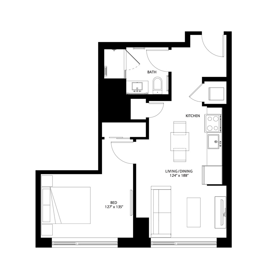 The Metlo Seaport 1 Bed floor plan 1Mb — 399 Congress St luxury apartments Seaport District Boston