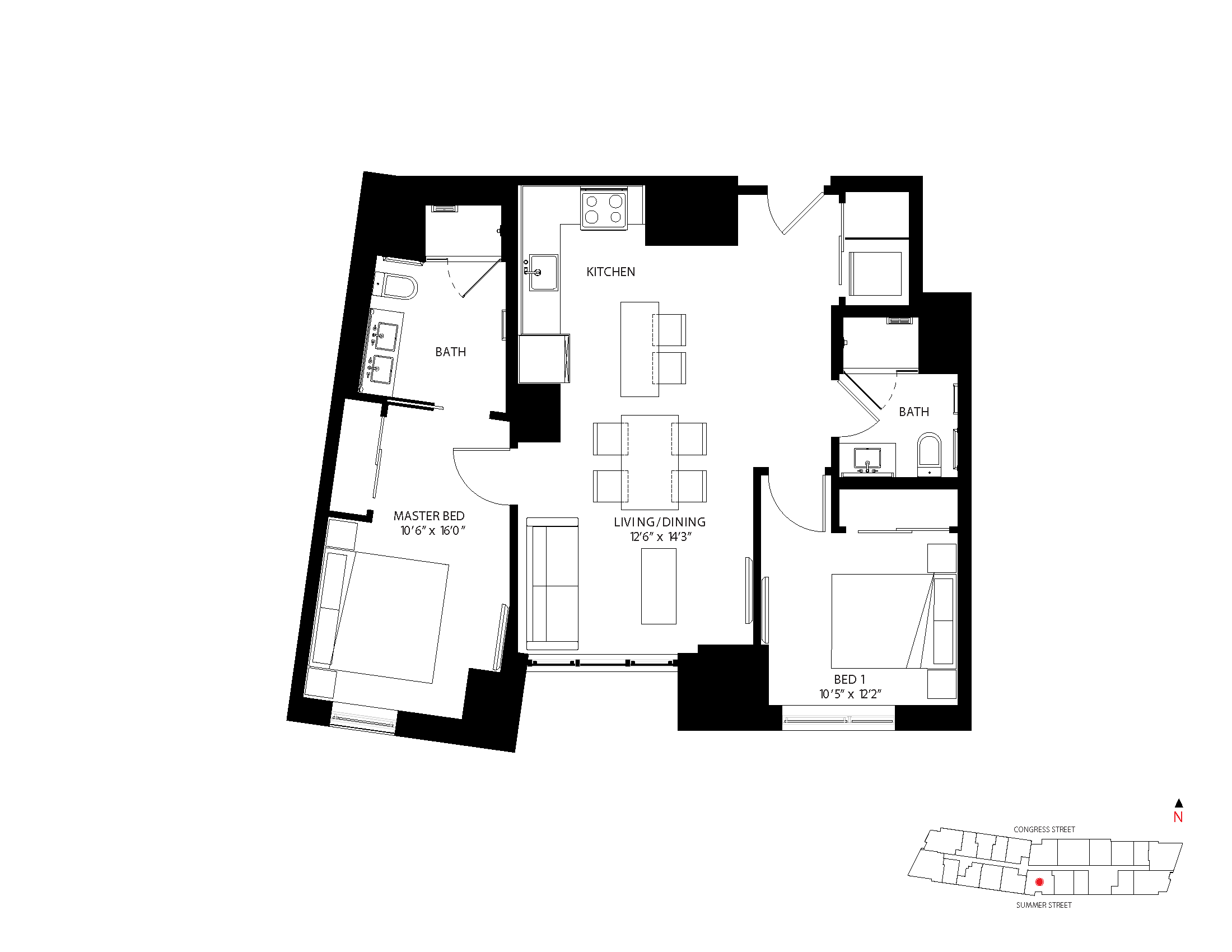 The Metlo Seaport 2 Bed floor plan 2-A — 399 Congress St luxury apartments Seaport District Boston