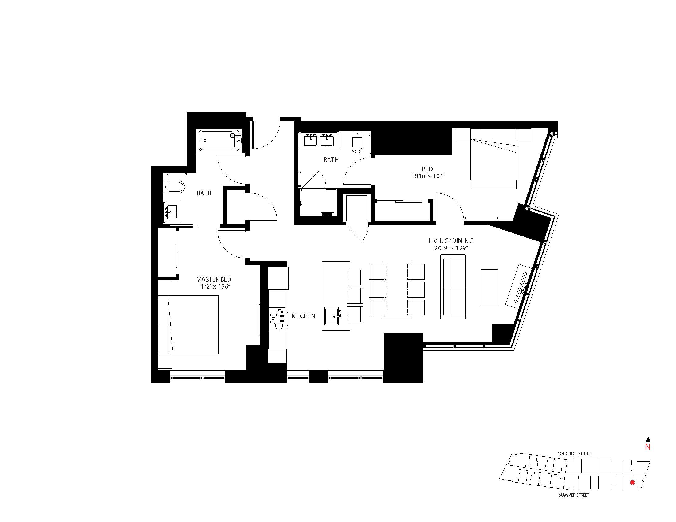 The Metlo Seaport 2 Bed floor plan 2-B — 399 Congress St luxury apartments Seaport District Boston