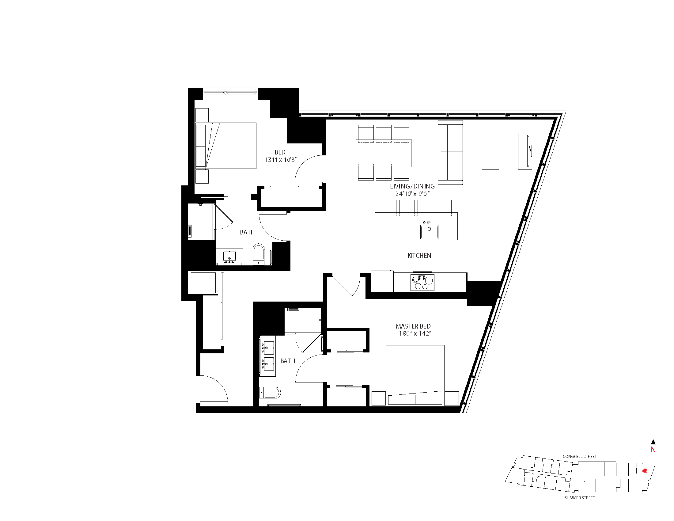 The Metlo Seaport 2 Bed floor plan 2-C1 — 399 Congress St luxury apartments Seaport District Boston