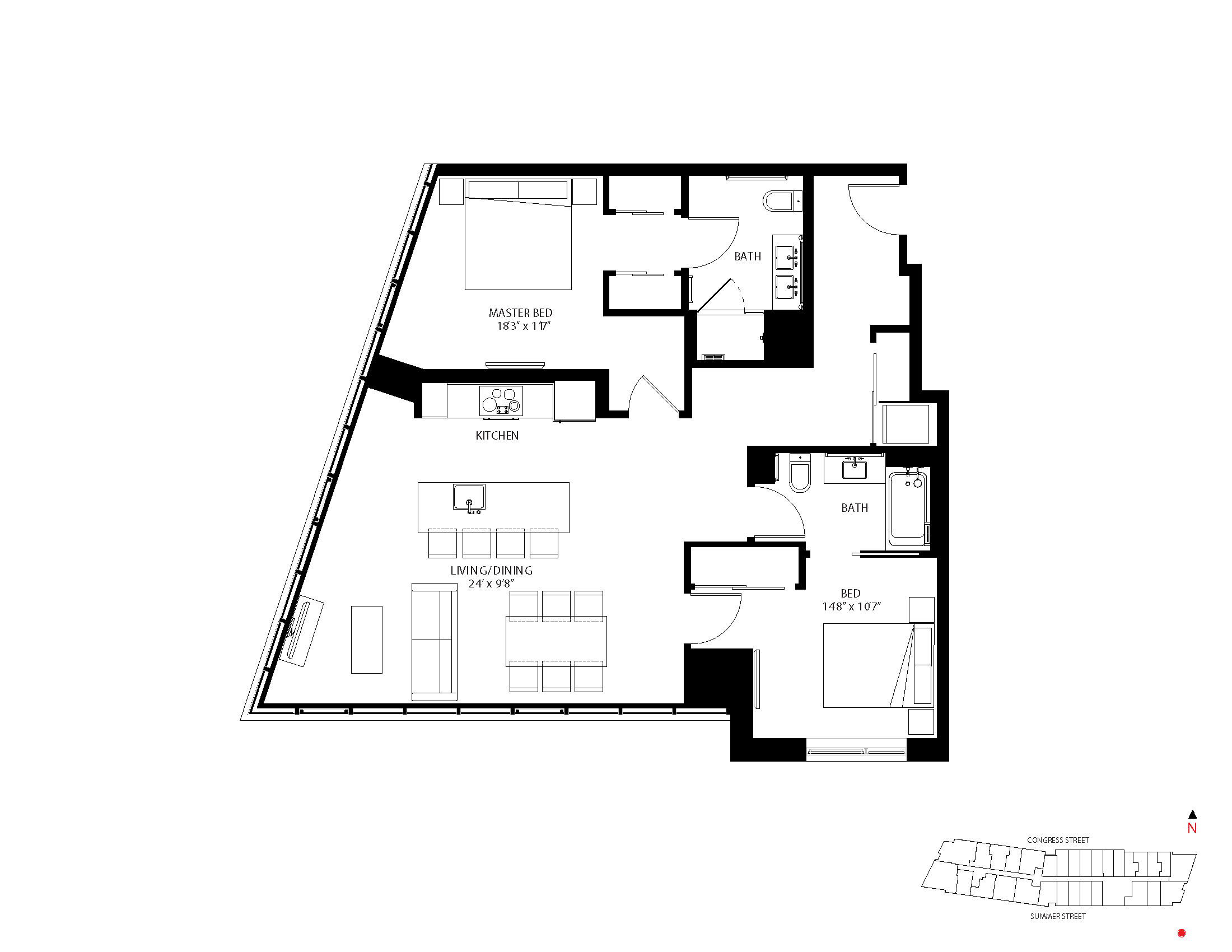 The Metlo Seaport 2 Bed floor plan 2-C2 — 399 Congress St luxury apartments Seaport District Boston