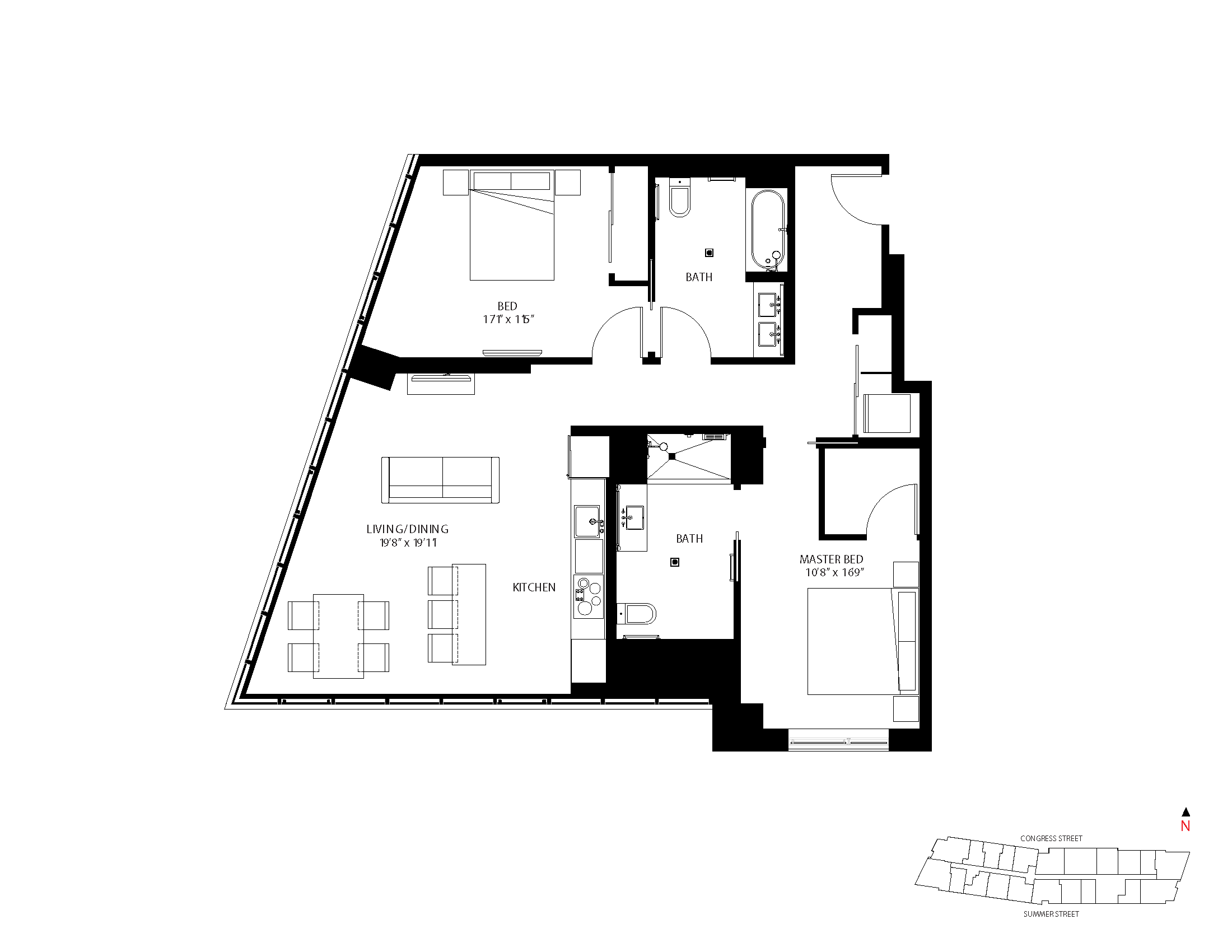 The Metlo Seaport 2 Bed floor plan 2-CA — 399 Congress St luxury apartments Seaport District Boston