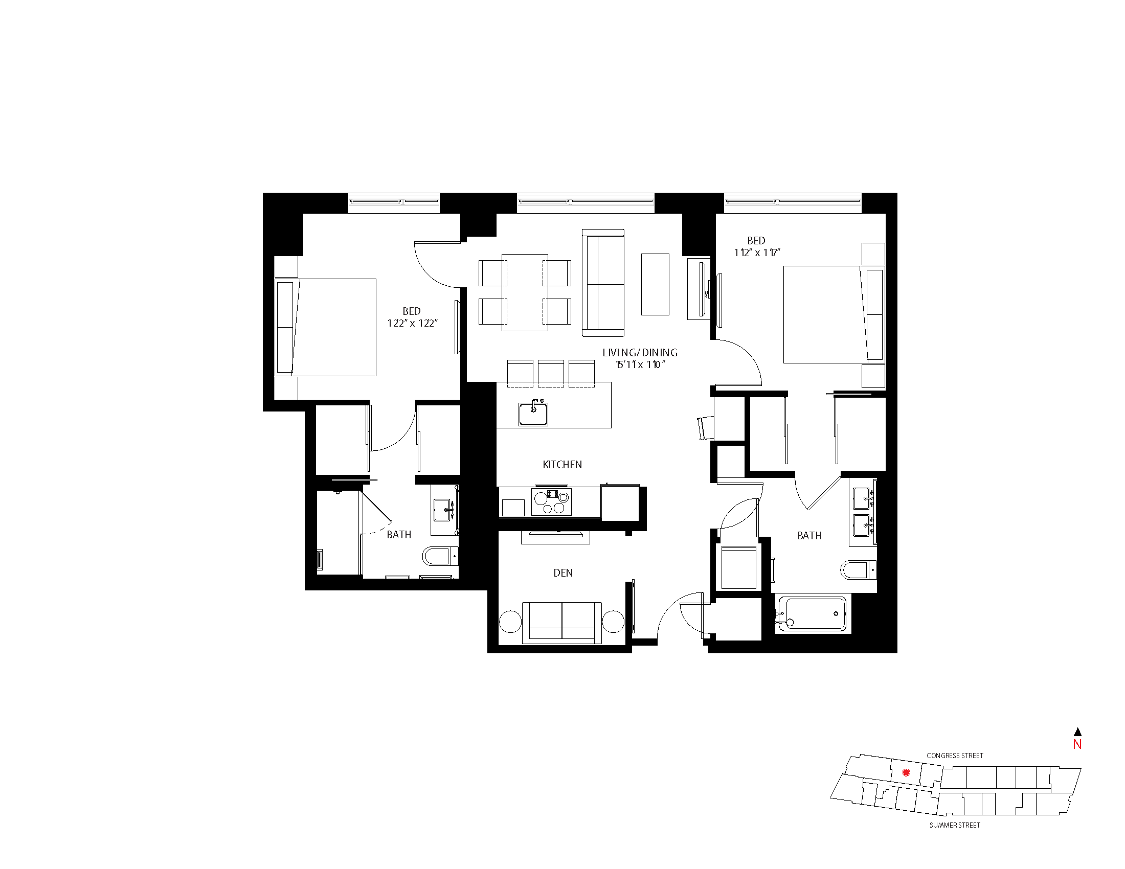 The Metlo Seaport 2 Bed floor plan 2-D1 — 399 Congress St luxury apartments Seaport District Boston