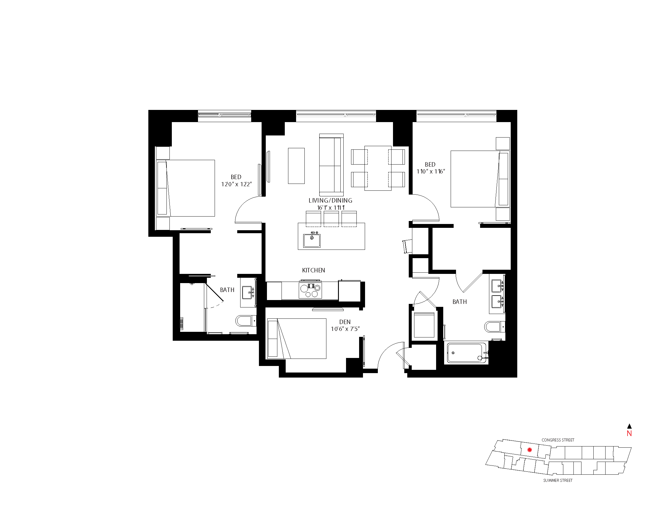 The Metlo Seaport 2 Bed floor plan 2-D2 — 399 Congress St luxury apartments Seaport District Boston