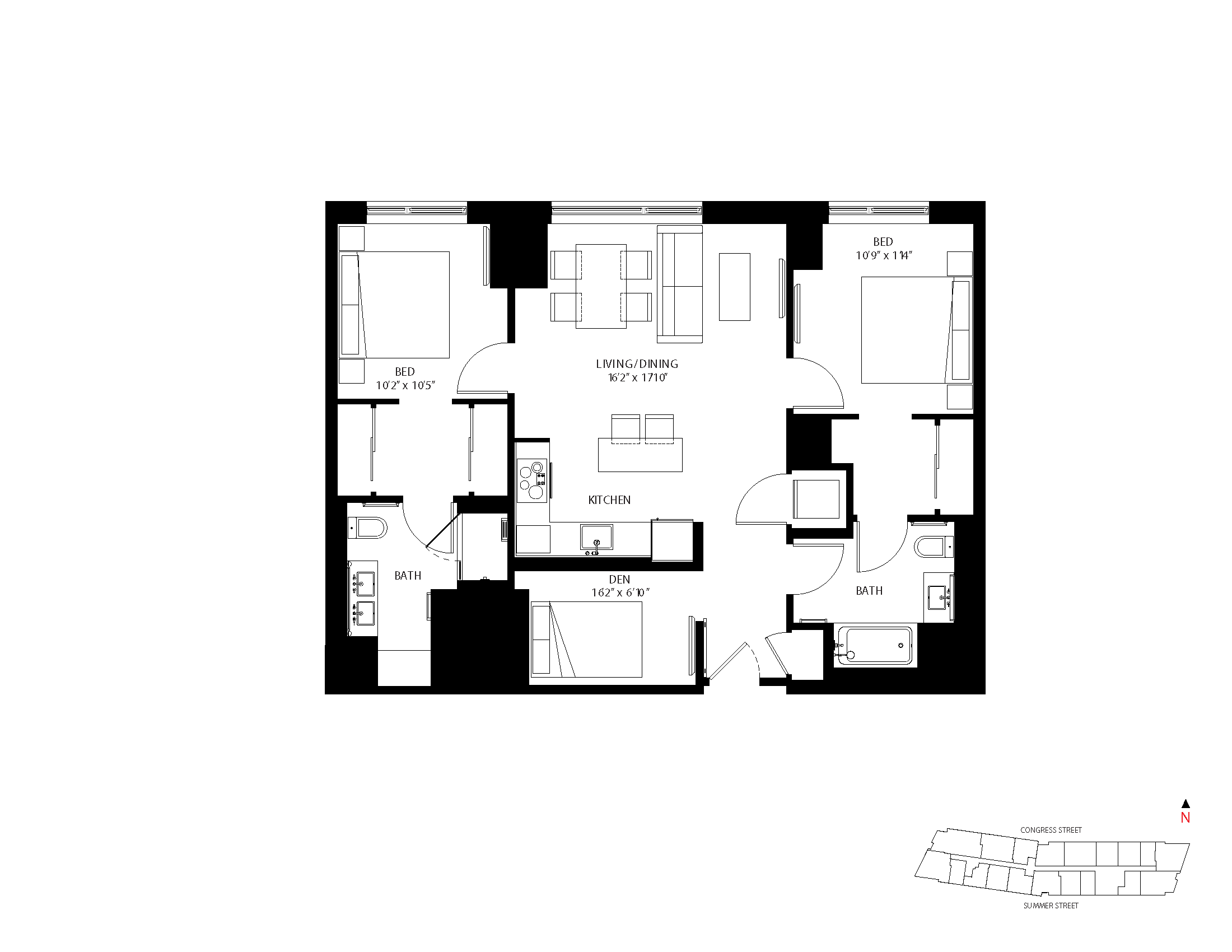 The Metlo Seaport 2 Bed floor plan 2-D3 — 399 Congress St luxury apartments Seaport District Boston