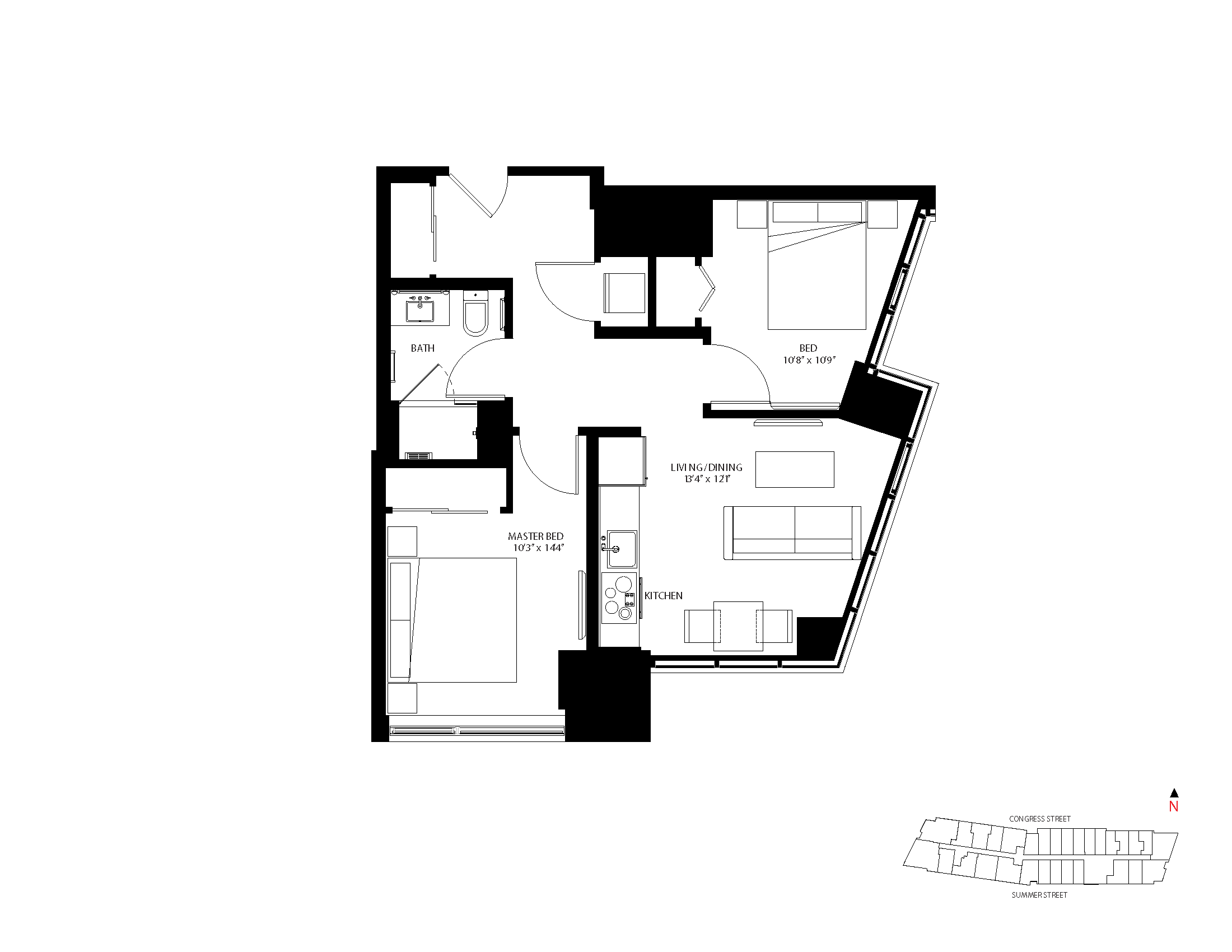 The Metlo Seaport 2 Bed floor plan 2-M — 399 Congress St luxury apartments Seaport District Boston