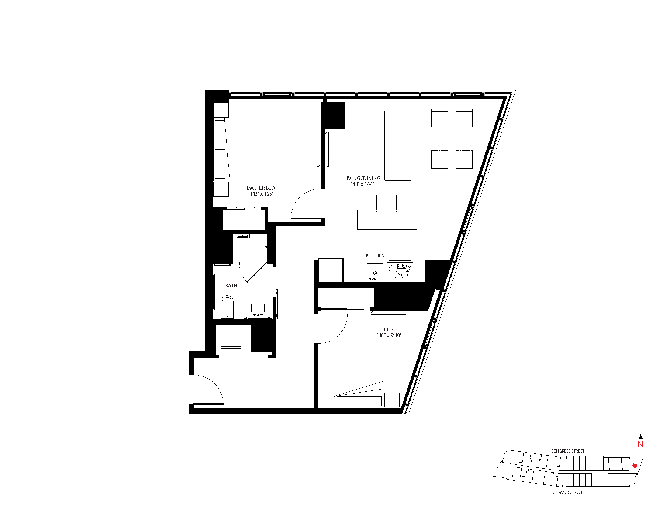 The Metlo Seaport 2 Bed floor plan 2-N — 399 Congress St luxury apartments Seaport District Boston