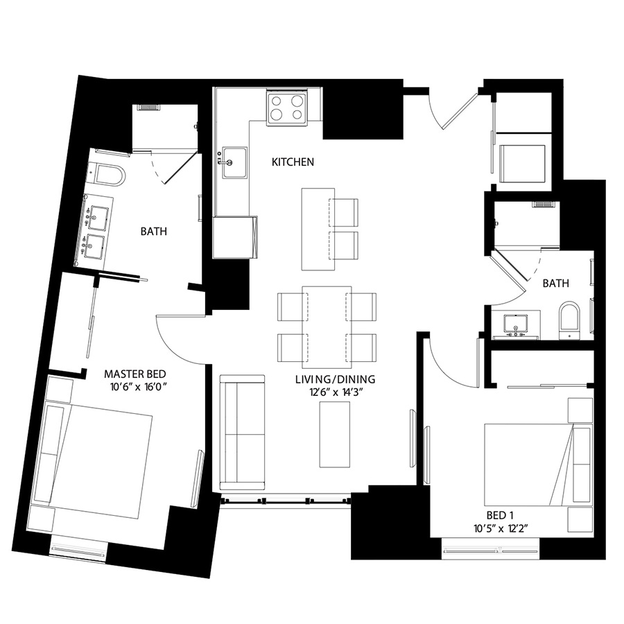 The Metlo Seaport 2 Bed floor plan 2Ab — 399 Congress St luxury apartments Seaport District Boston