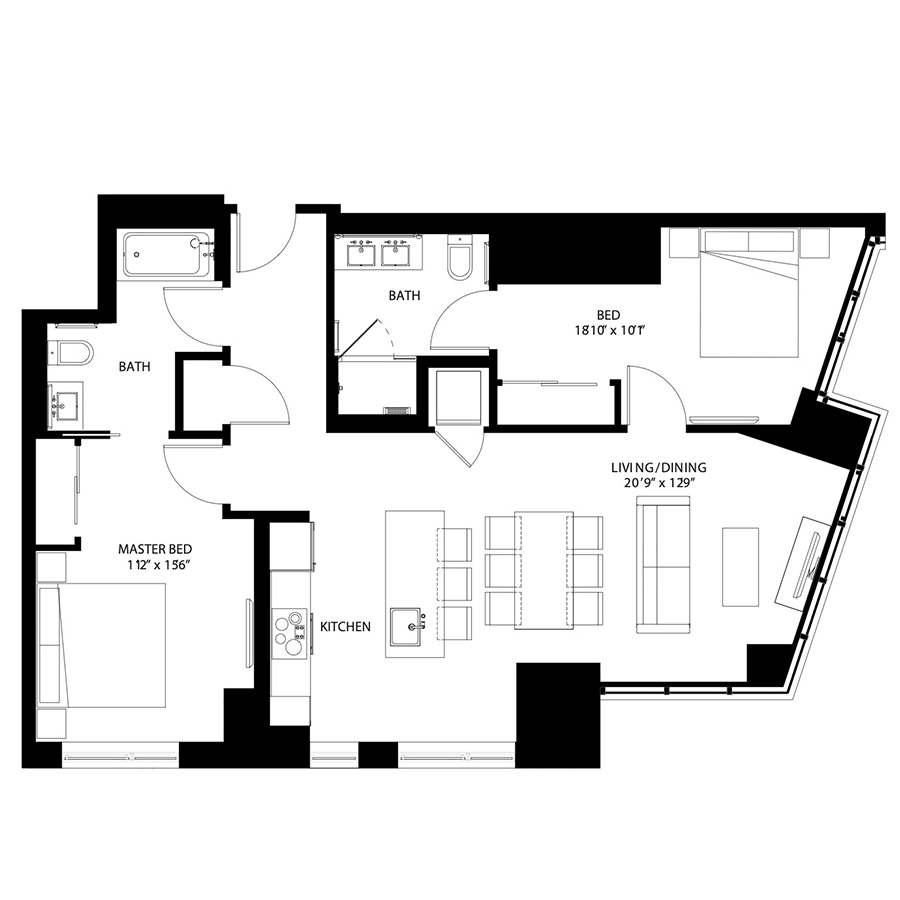 The Metlo Seaport 2 Bed floor plan 2Bb — 399 Congress St luxury apartments Seaport District Boston