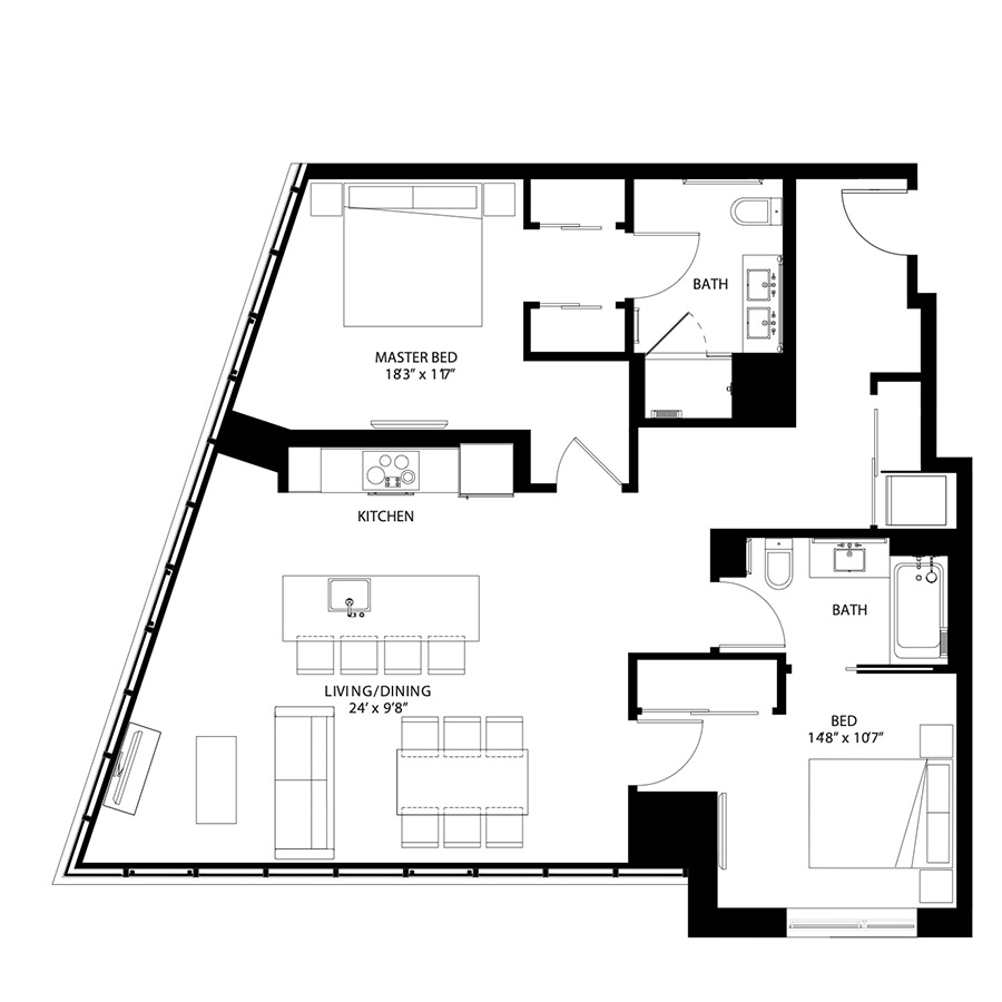The Metlo Seaport 2 Bed floor plan 2C2b — 399 Congress St luxury apartments Seaport District Boston