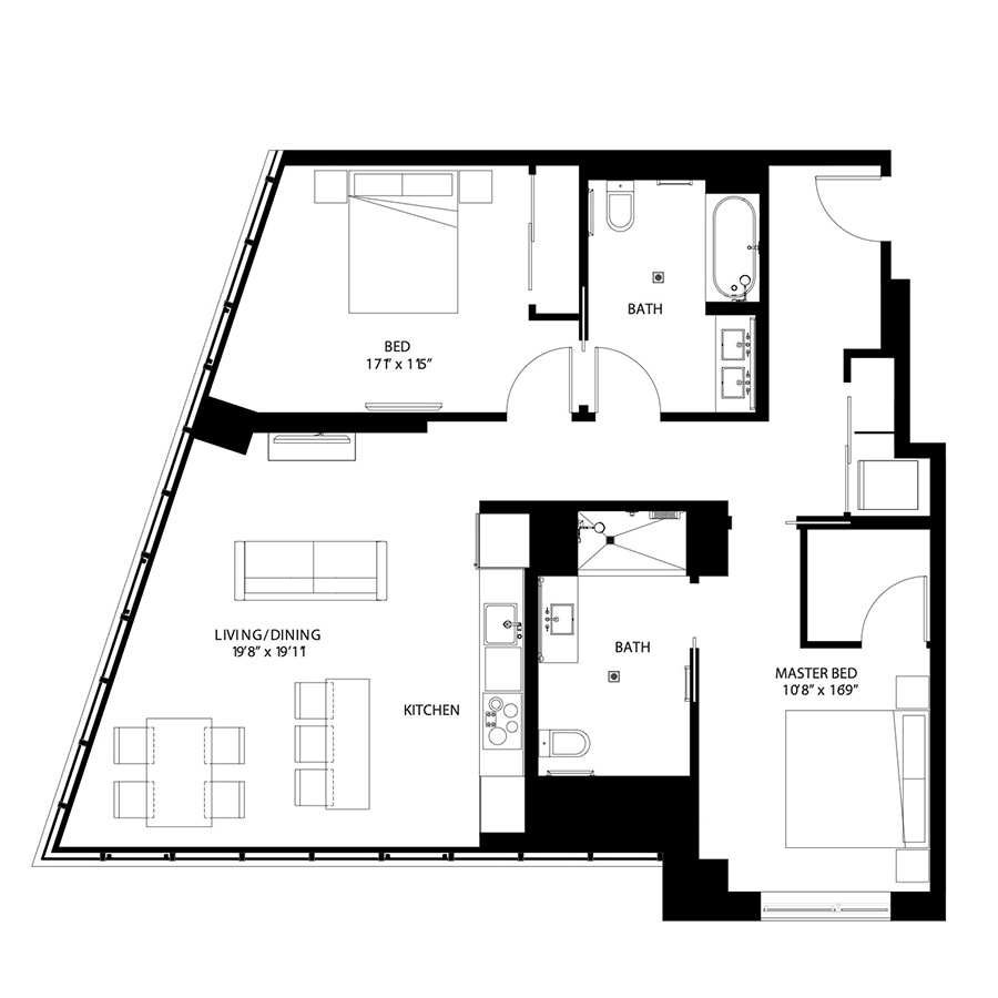 The Metlo Seaport 2 Bed floor plan 2CAb — 399 Congress St luxury apartments Seaport District Boston
