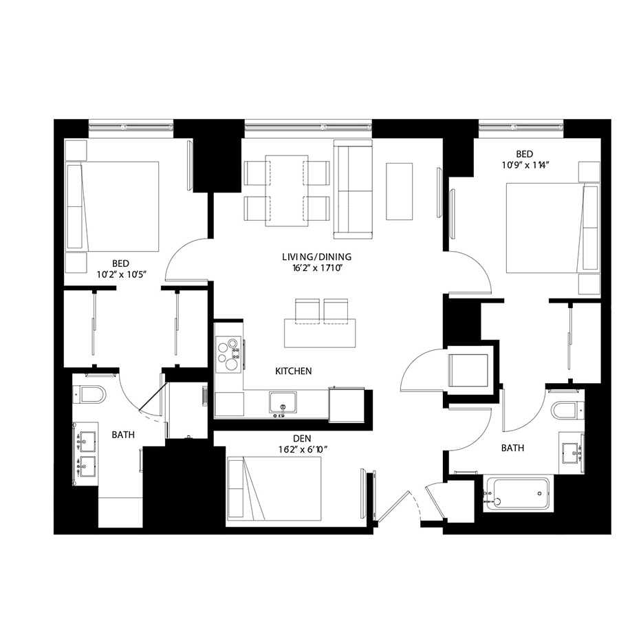 The Metlo Seaport 2 Bed floor plan 2D3b — 399 Congress St luxury apartments Seaport District Boston