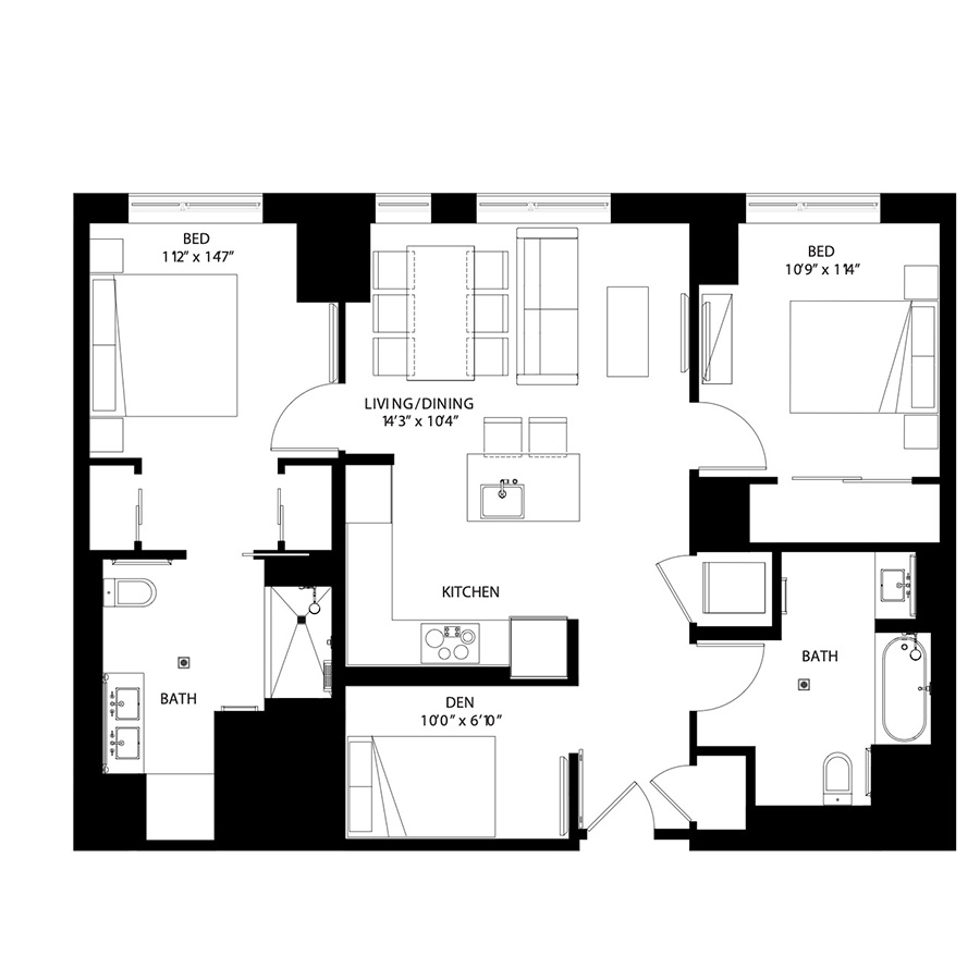 The Metlo Seaport 2 Bed floor plan 2DAb — 399 Congress St luxury apartments Seaport District Boston