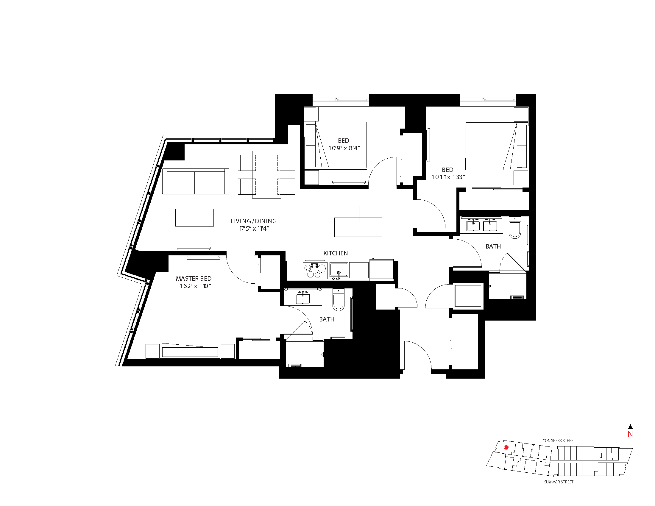 The Metlo Seaport 3 Bed floor plan 3-A — 399 Congress St luxury apartments Seaport District Boston