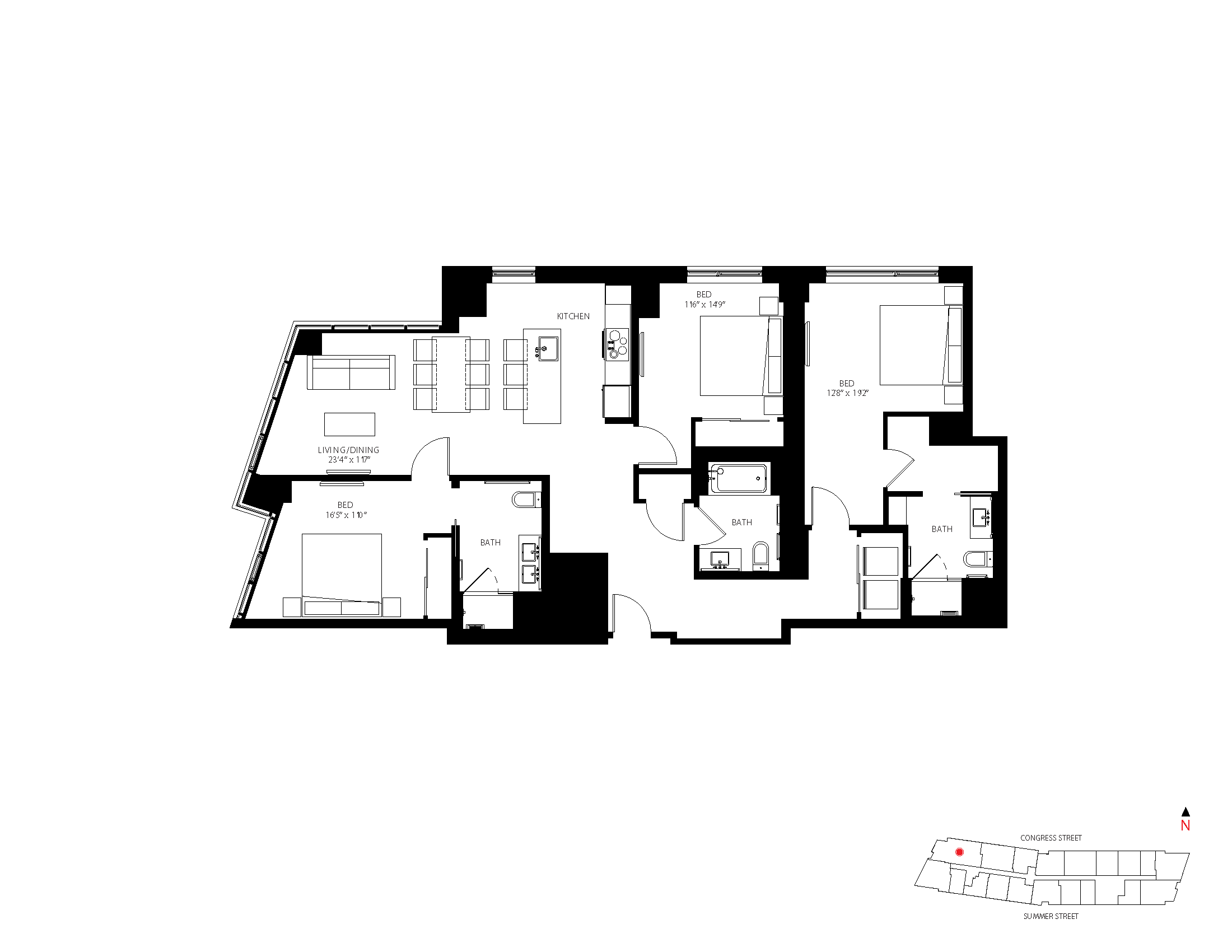 The Metlo Seaport 3 Bed floor plan 3-B1 — 399 Congress St luxury apartments Seaport District Boston