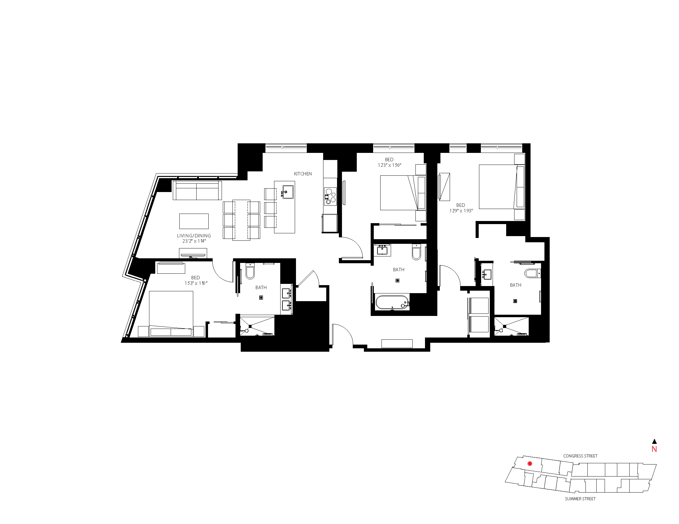 The Metlo Seaport 3 Bed floor plan 3-BA — 399 Congress St luxury apartments Seaport District Boston