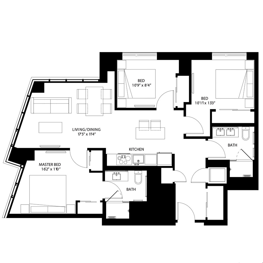 The Metlo Seaport 3 Bed floor plan 3Ab — 399 Congress St luxury apartments Seaport District Boston