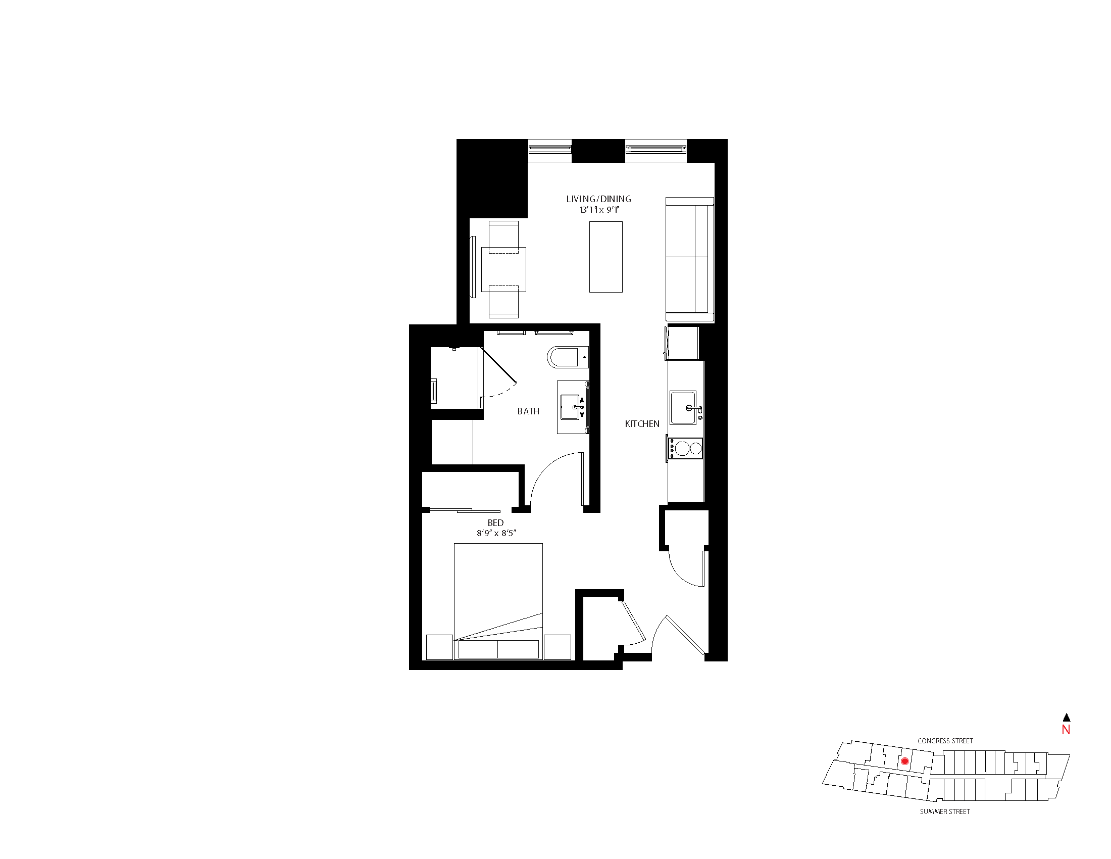 The Metlo Seaport Studio floor plan S-A — 399 Congress St luxury apartments Seaport District Boston