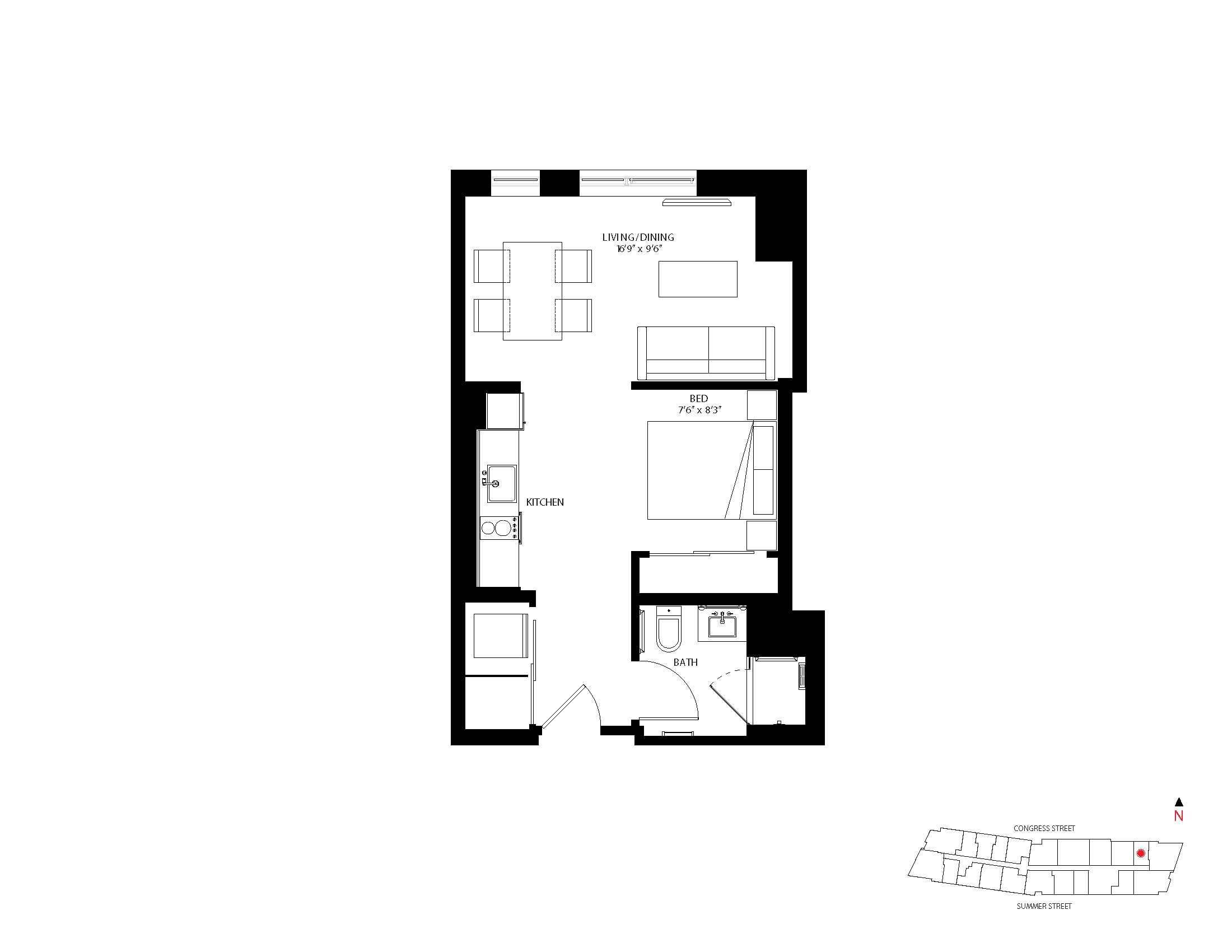 The Metlo Seaport Studio floor plan S-B1 — 399 Congress St luxury apartments Seaport District Boston
