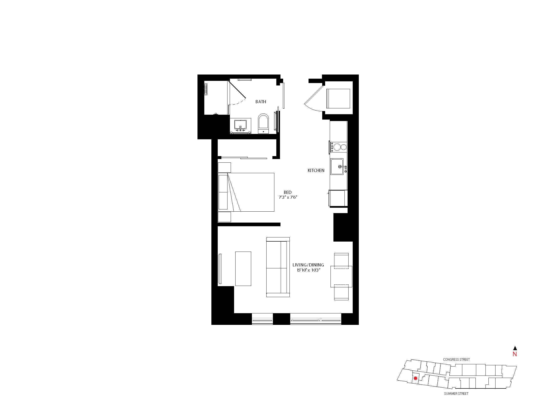The Metlo Seaport Studio floor plan S-B2 — 399 Congress St luxury apartments Seaport District Boston