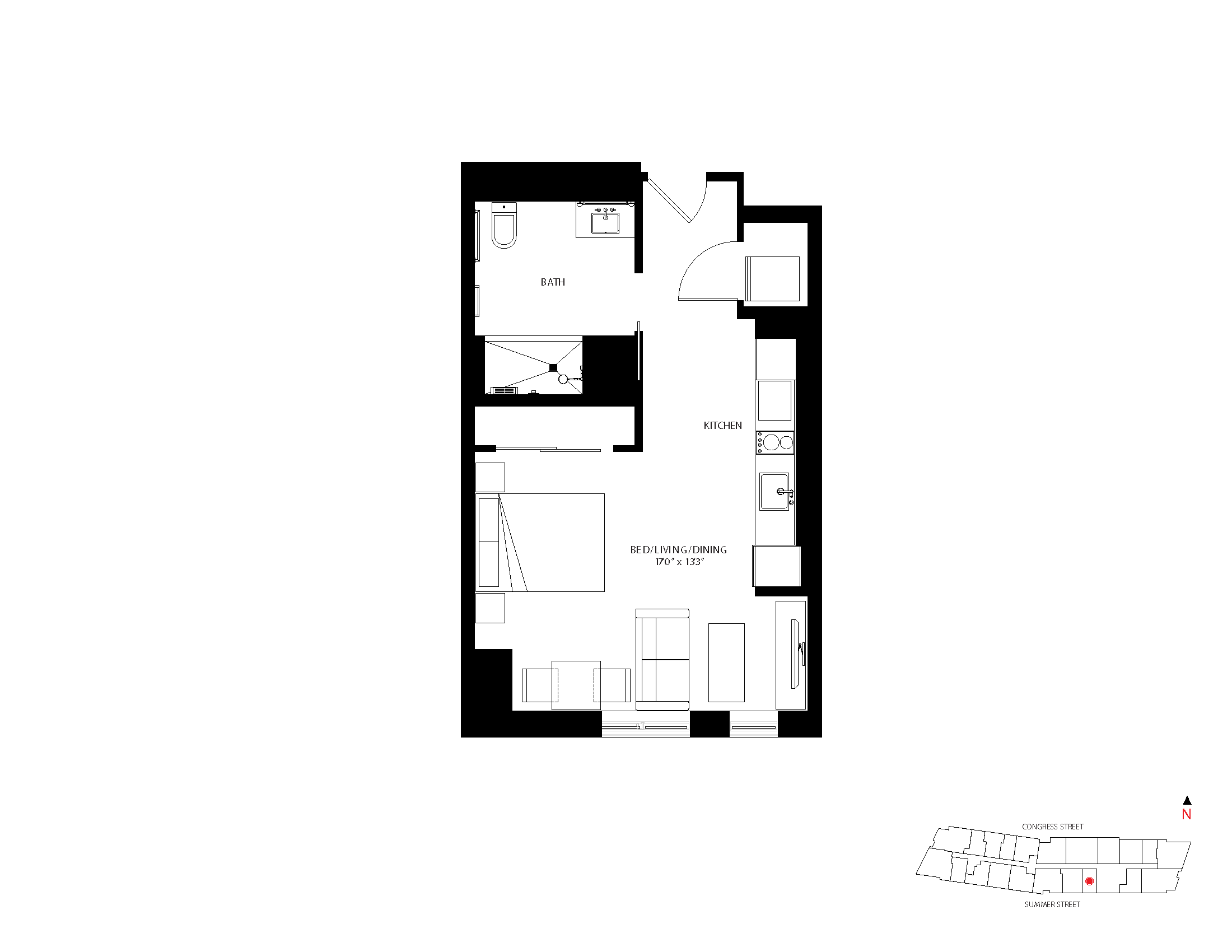 The Metlo Seaport Studio floor plan S-BA — 399 Congress St luxury apartments Seaport District Boston