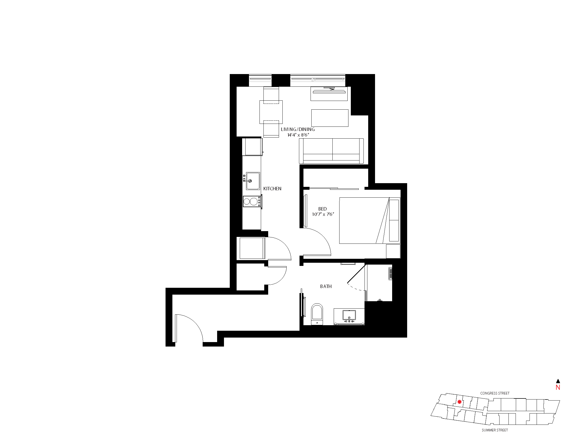 The Metlo Seaport Studio floor plan S-C — 399 Congress St luxury apartments Seaport District Boston