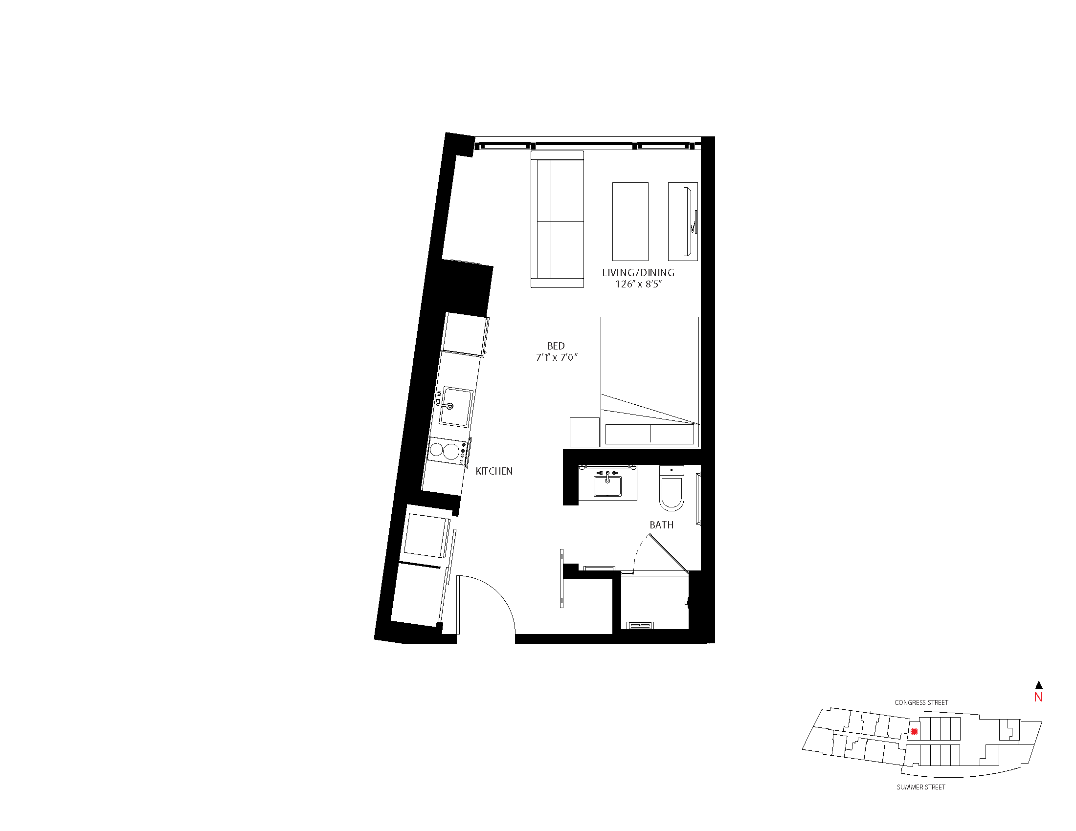 The Metlo Seaport Studio floor plan S-M — 399 Congress St luxury apartments Seaport District Boston