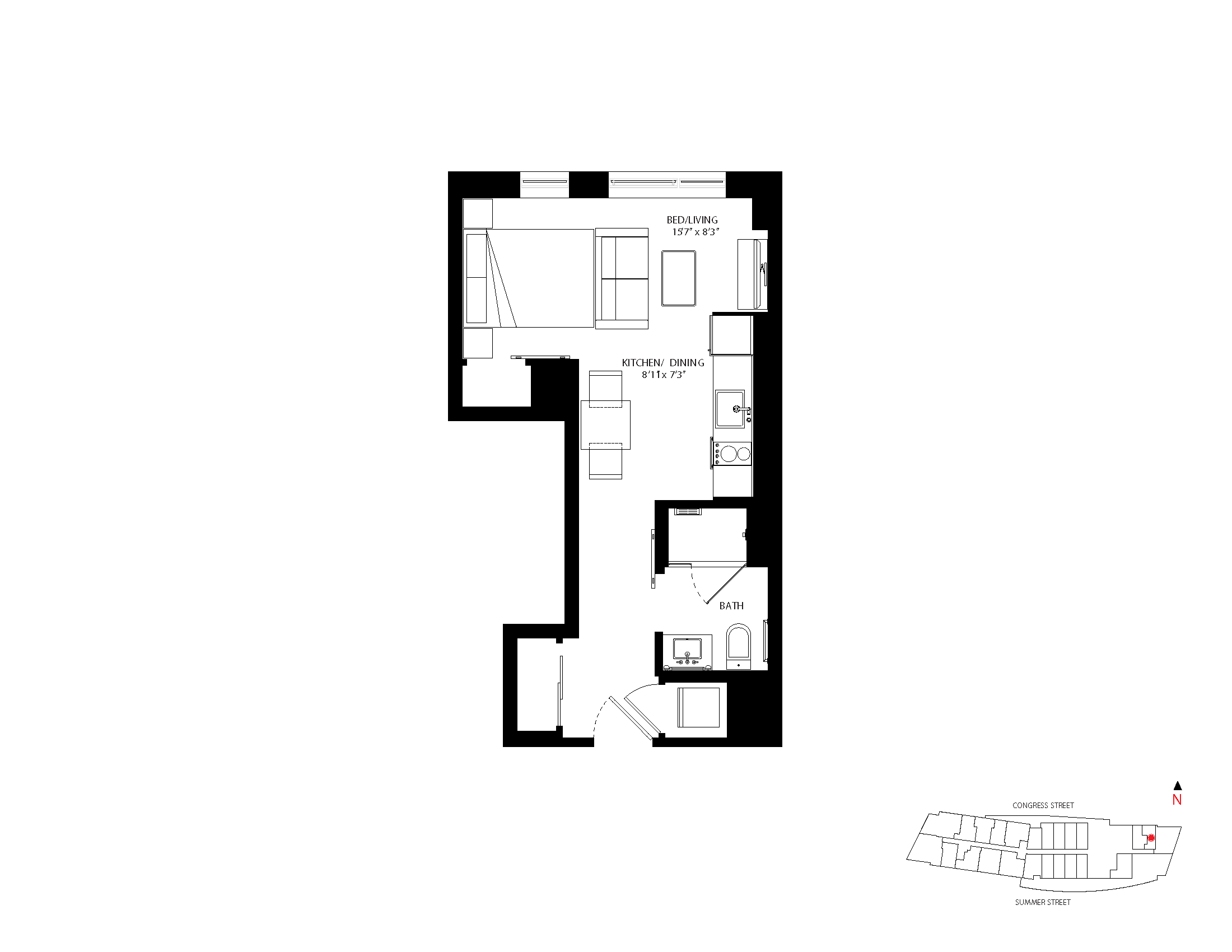 The Metlo Seaport Studio floor plan S-N1 — 399 Congress St luxury apartments Seaport District Boston