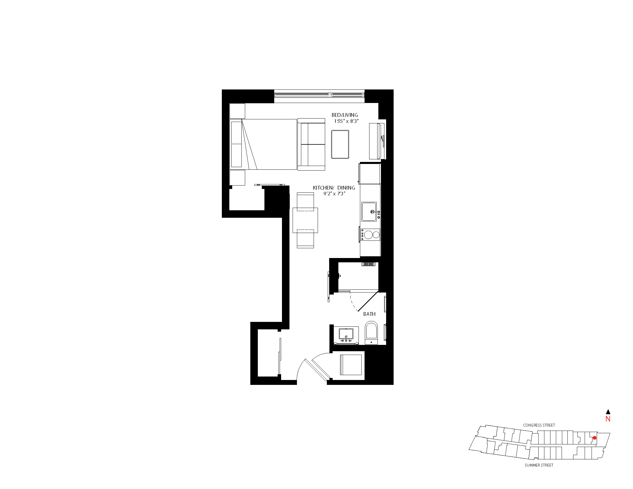 The Metlo Seaport Studio floor plan S-N2 — 399 Congress St luxury apartments Seaport District Boston