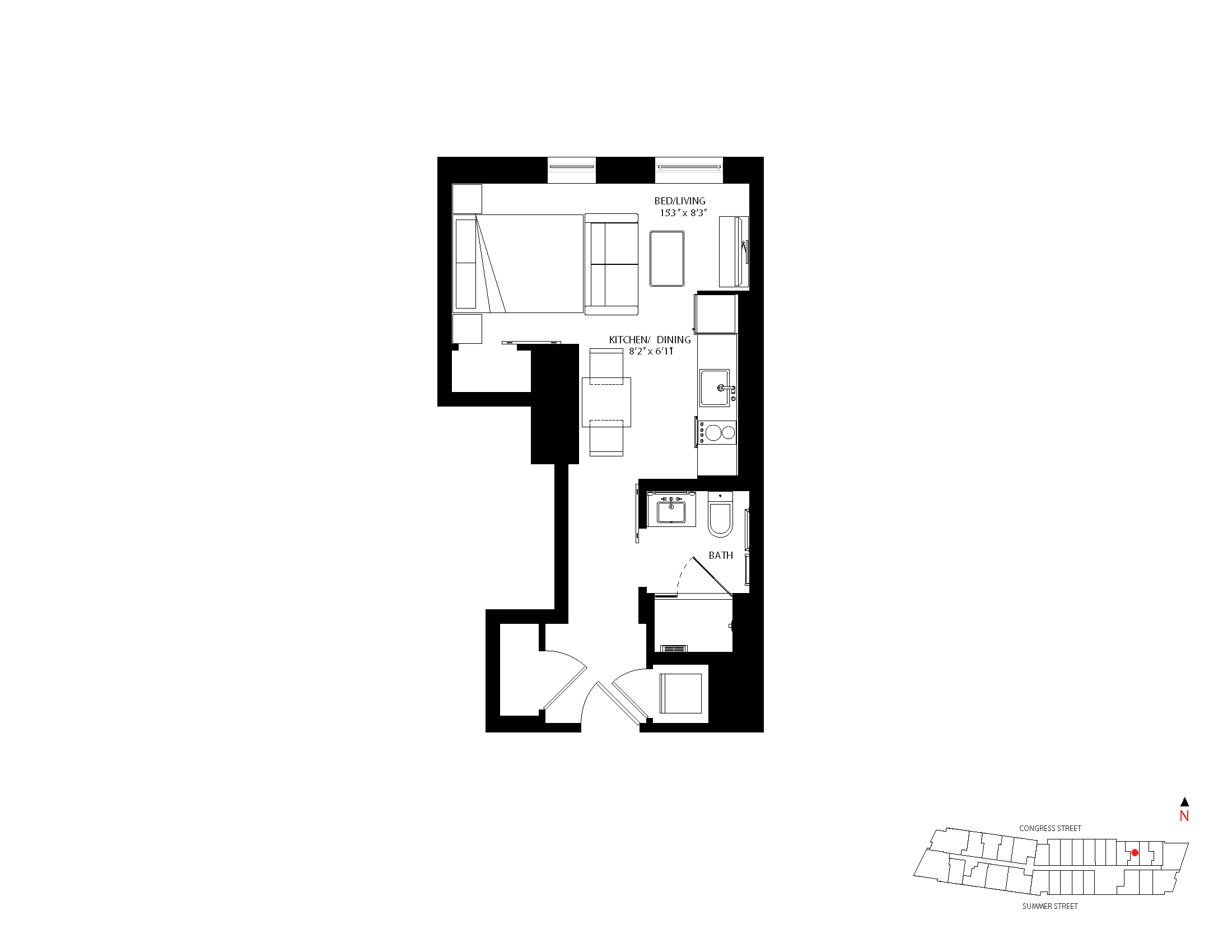 The Metlo Seaport Studio floor plan S-N3 — 399 Congress St luxury apartments Seaport District Boston