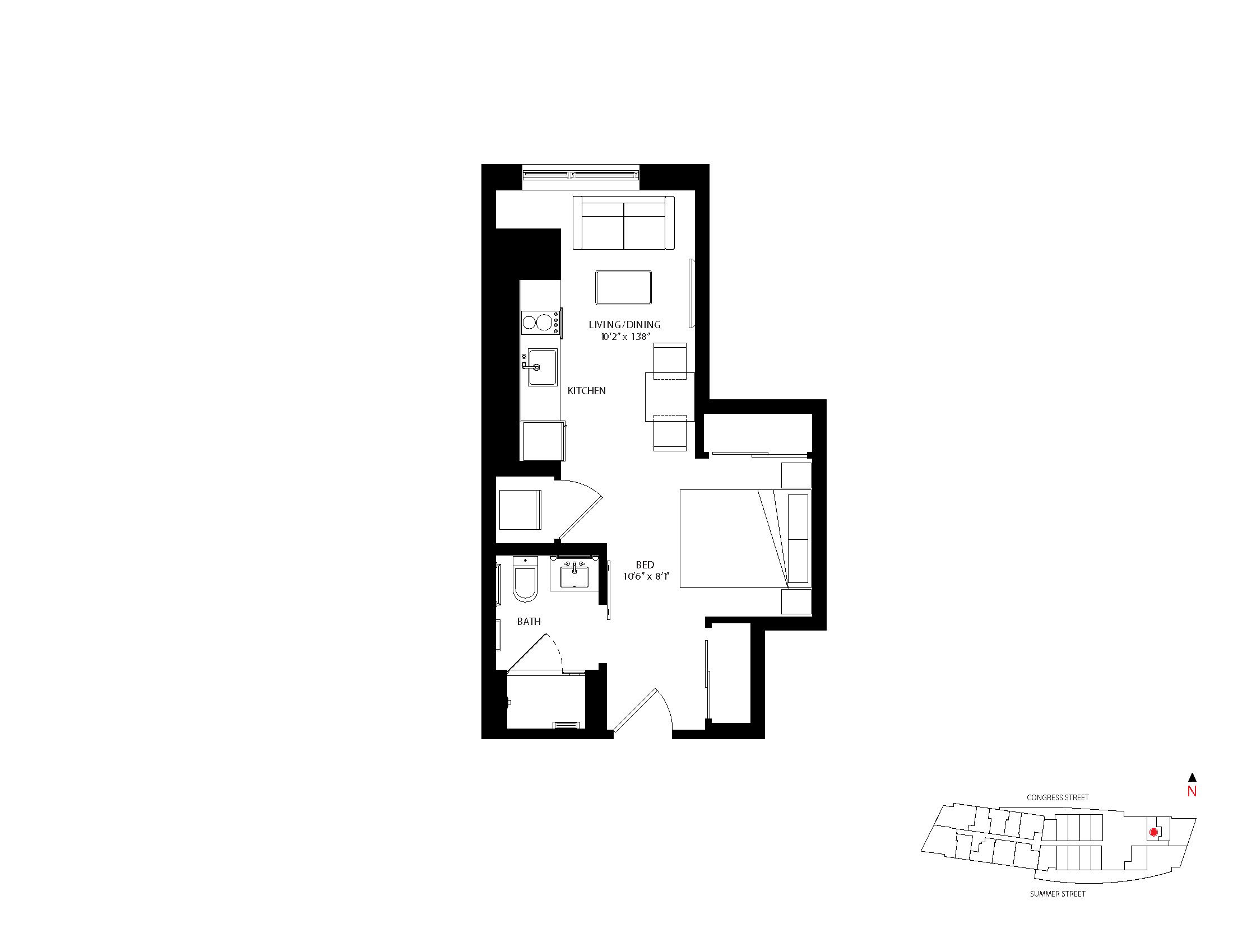The Metlo Seaport Studio floor plan S-O2 — 399 Congress St luxury apartments Seaport District Boston