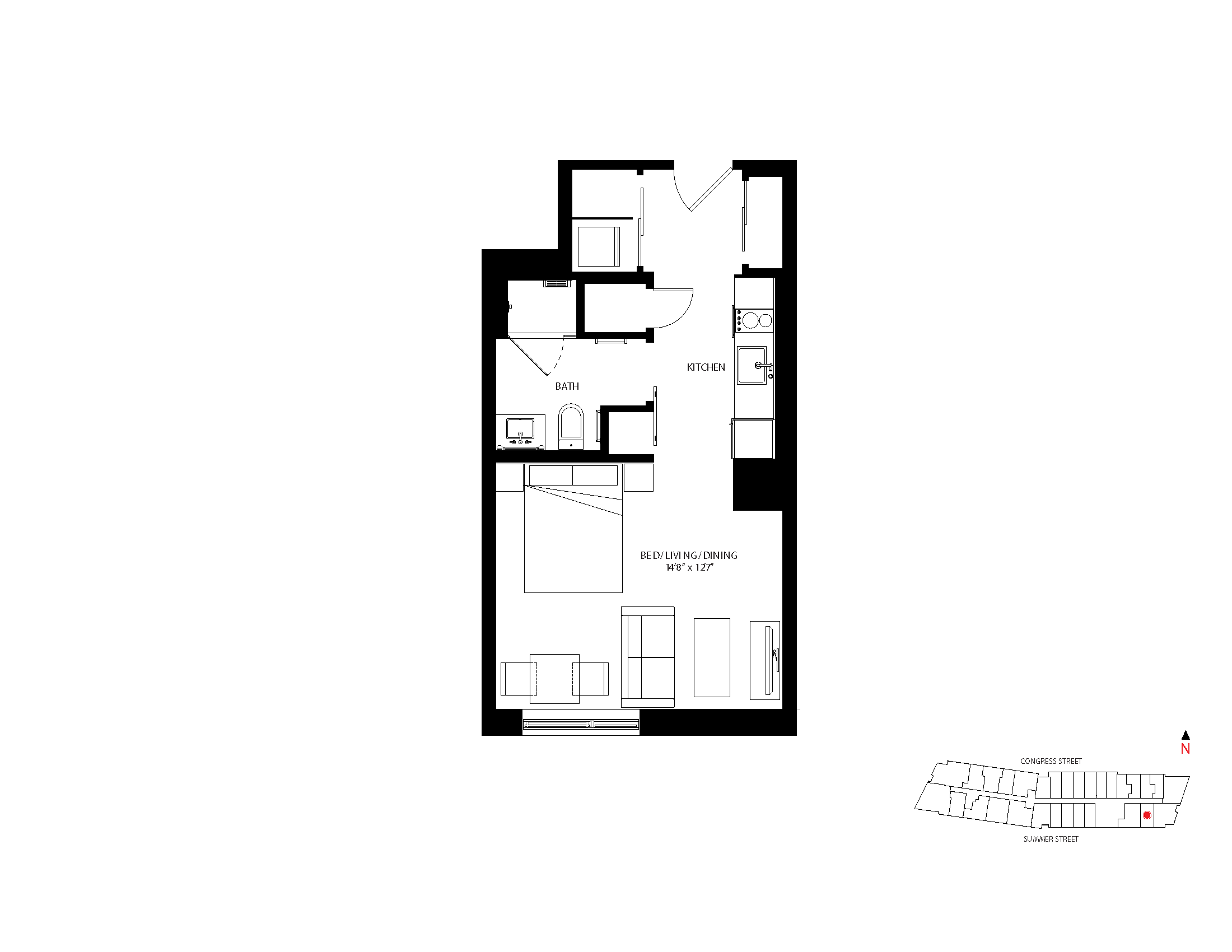 The Metlo Seaport Studio floor plan S-P — 399 Congress St luxury apartments Seaport District Boston