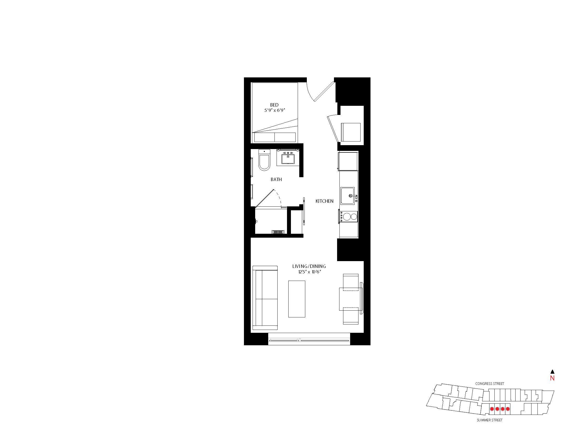 The Metlo Seaport Studio floor plan S-Q1 — 399 Congress St luxury apartments Seaport District Boston