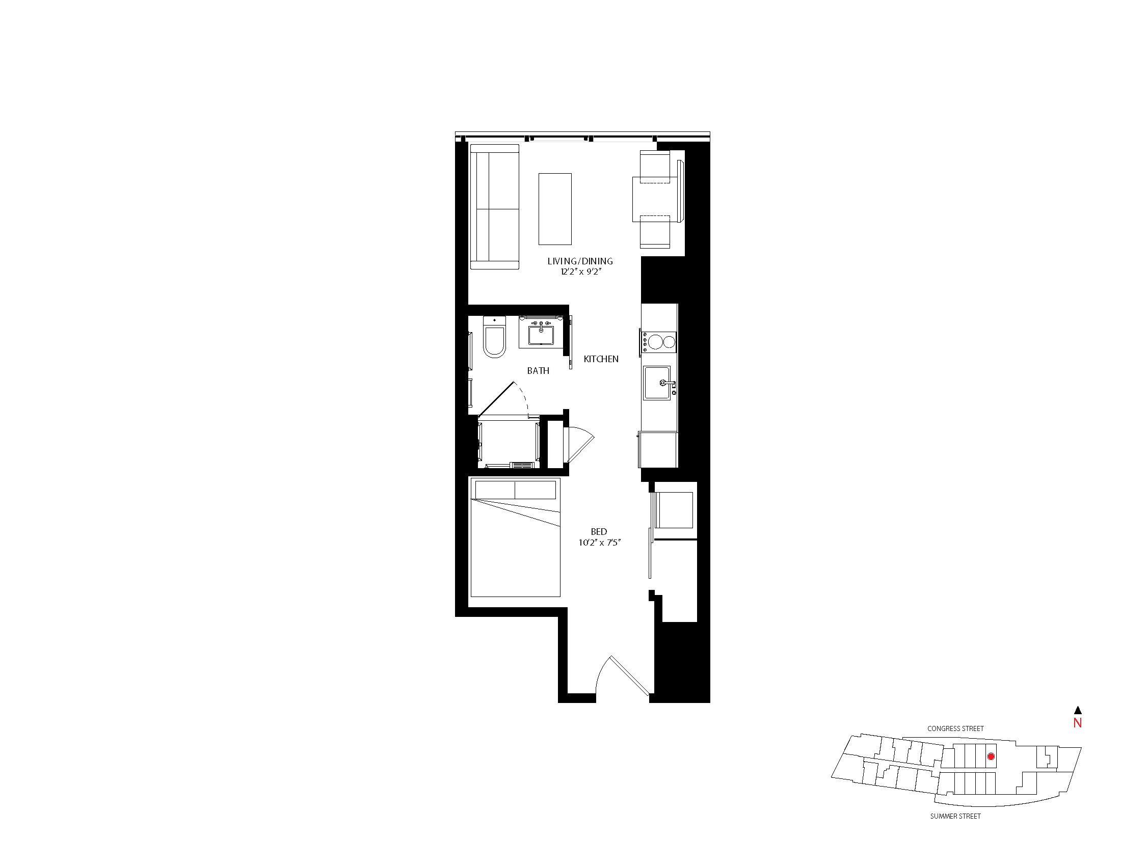 The Metlo Seaport Studio floor plan S-Q2 — 399 Congress St luxury apartments Seaport District Boston