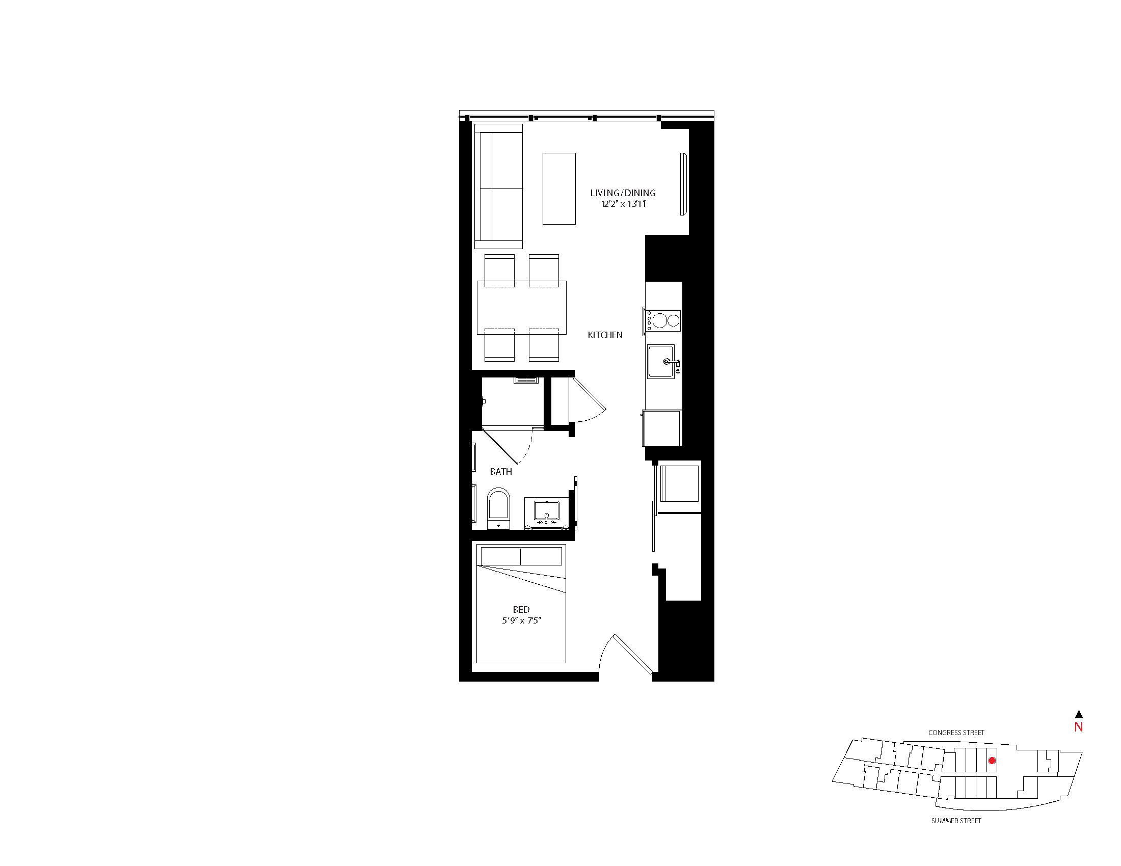 The Metlo Seaport Studio floor plan S-Q3 — 399 Congress St luxury apartments Seaport District Boston