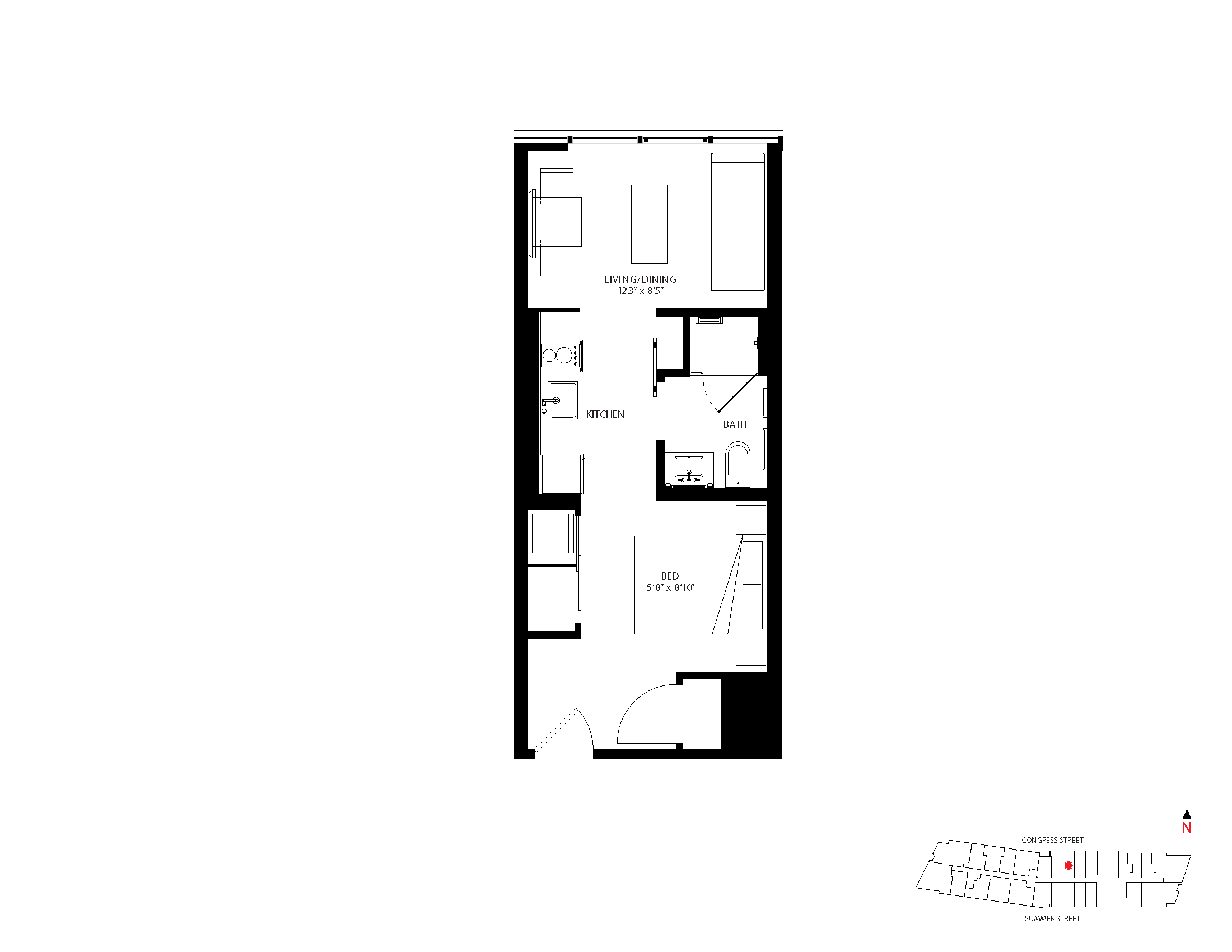 The Metlo Seaport Studio floor plan S-R1 — 399 Congress St luxury apartments Seaport District Boston