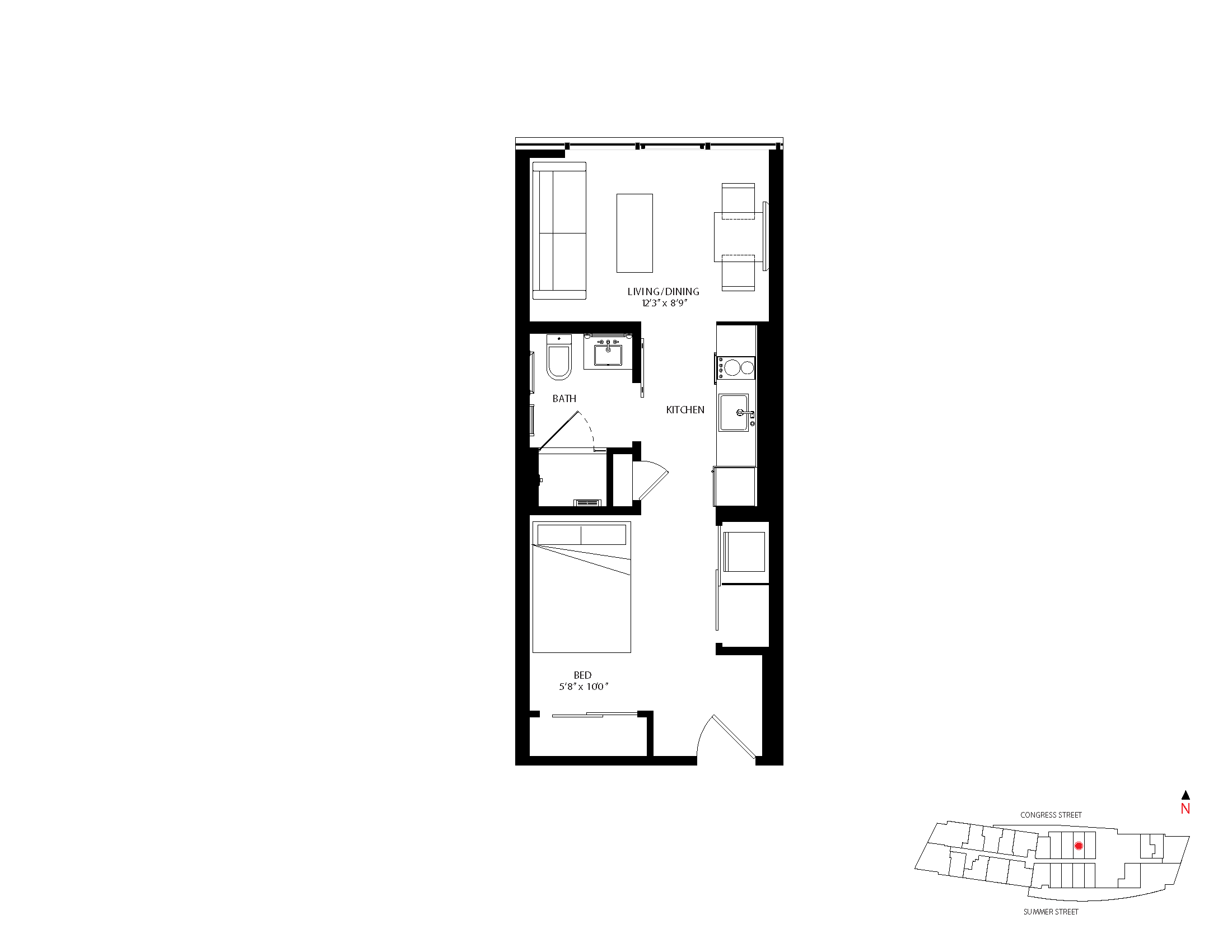 The Metlo Seaport Studio floor plan S-R2 — 399 Congress St luxury apartments Seaport District Boston