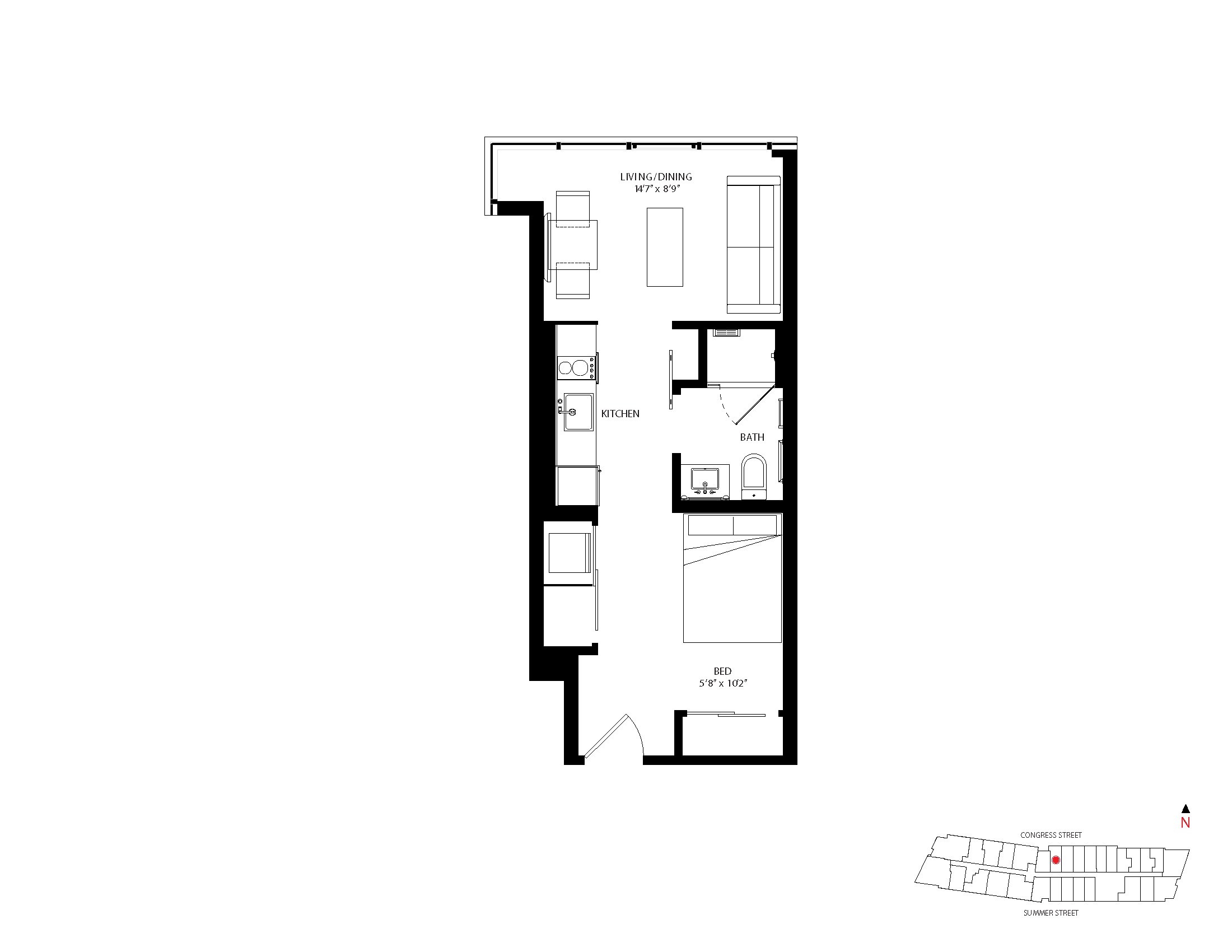 The Metlo Seaport Studio floor plan S-R3 — 399 Congress St luxury apartments Seaport District Boston