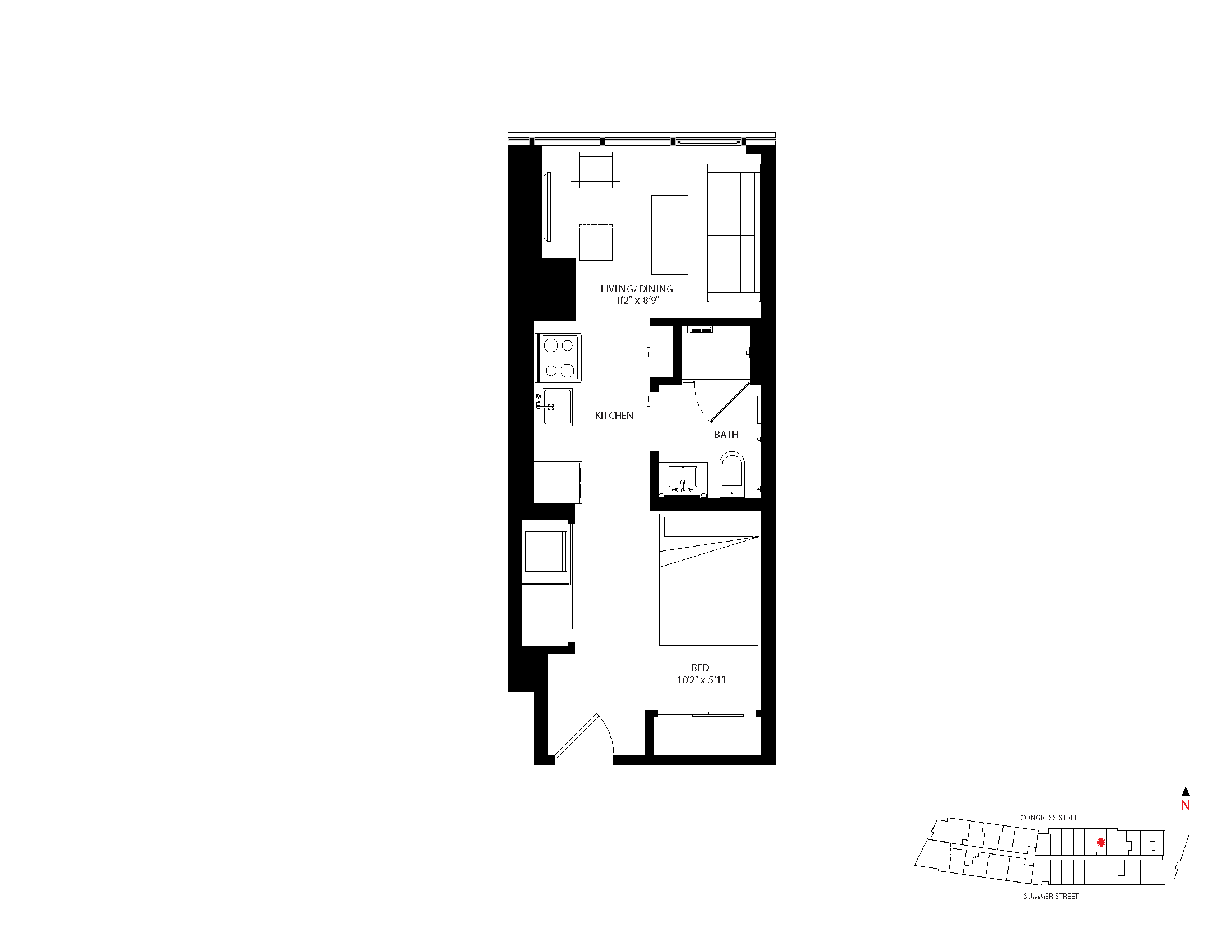 The Metlo Seaport Studio floor plan S-R4 — 399 Congress St luxury apartments Seaport District Boston