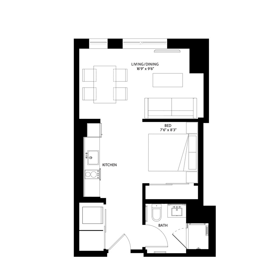 The Metlo Seaport Studio floor plan SB1b — 399 Congress St luxury apartments Seaport District Boston