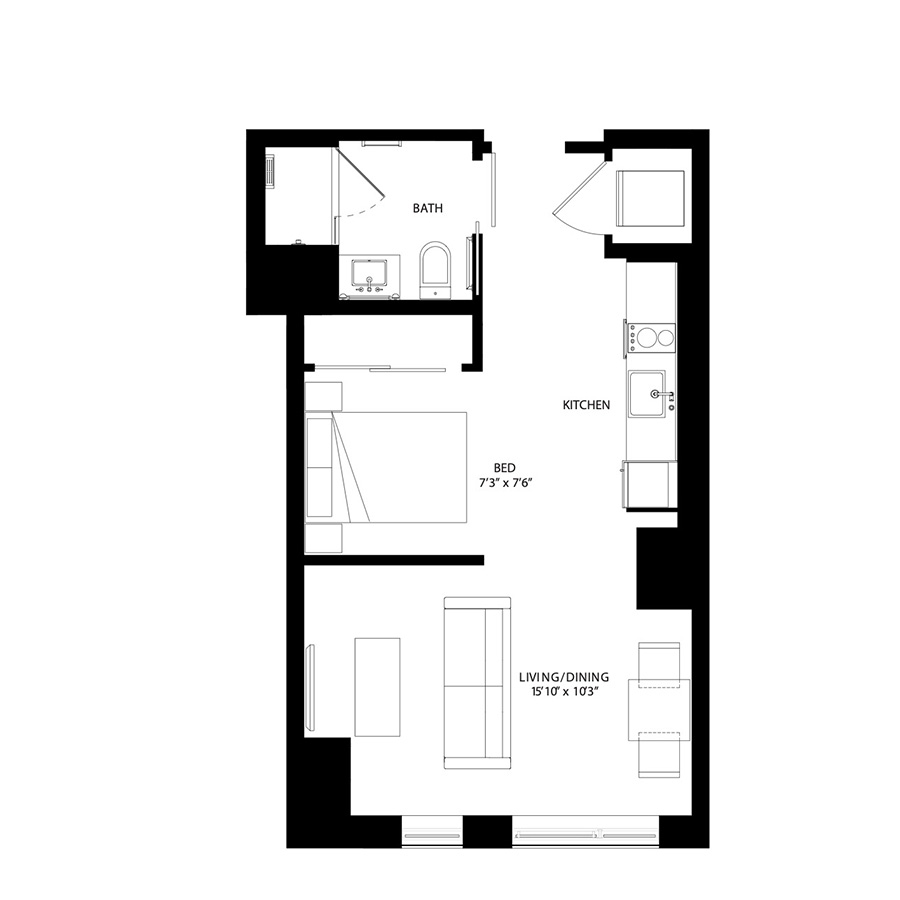 The Metlo Seaport Studio floor plan SB2b — 399 Congress St luxury apartments Seaport District Boston