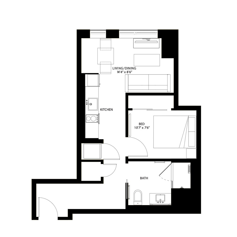 The Metlo Seaport Studio floor plan SCb — 399 Congress St luxury apartments Seaport District Boston