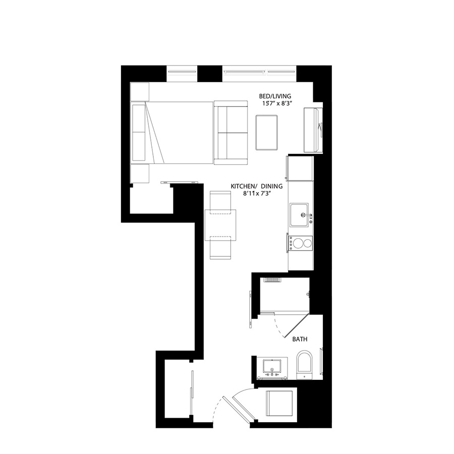 The Metlo Seaport Studio floor plan SN1b — 399 Congress St luxury apartments Seaport District Boston