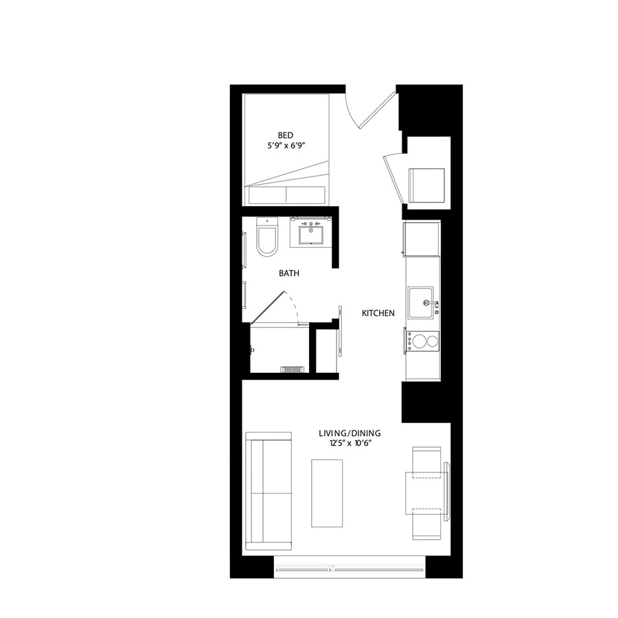 The Metlo Seaport Studio floor plan SQ1b — 399 Congress St luxury apartments Seaport District Boston