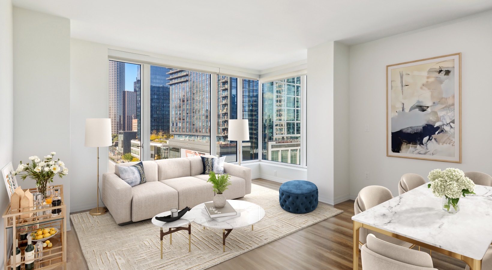 Watermark Seaport Boston luxury apartment - Living Room with Seaport Views