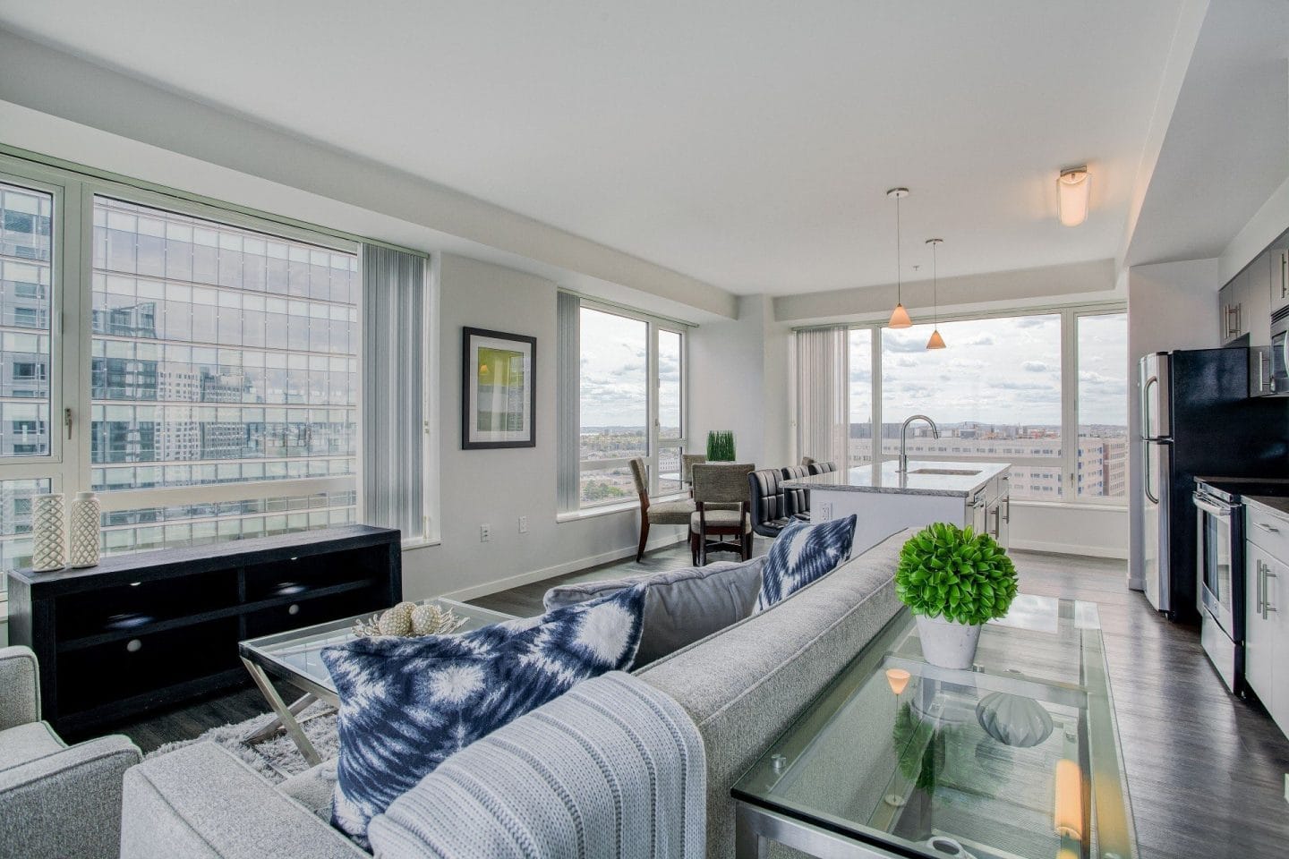 Waterside Place Seaport Boston luxury apartment - Open Living & Kitchen with City Views